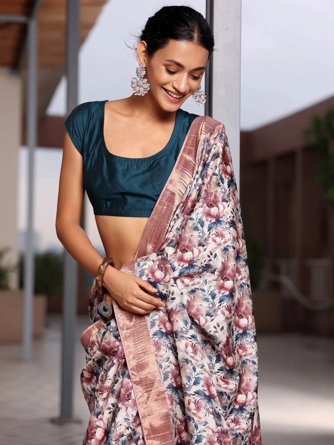  Beige Printed Silk Blend Saree With Unstitched Blouse Piece 