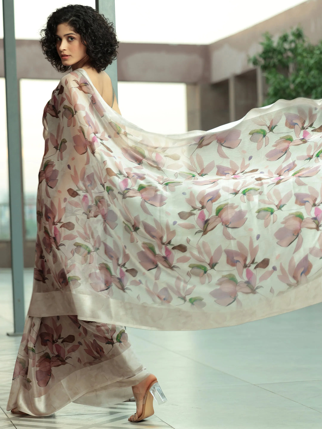  Beige Printed Poly Chiffon Saree With Unstitched Blouse Piece 