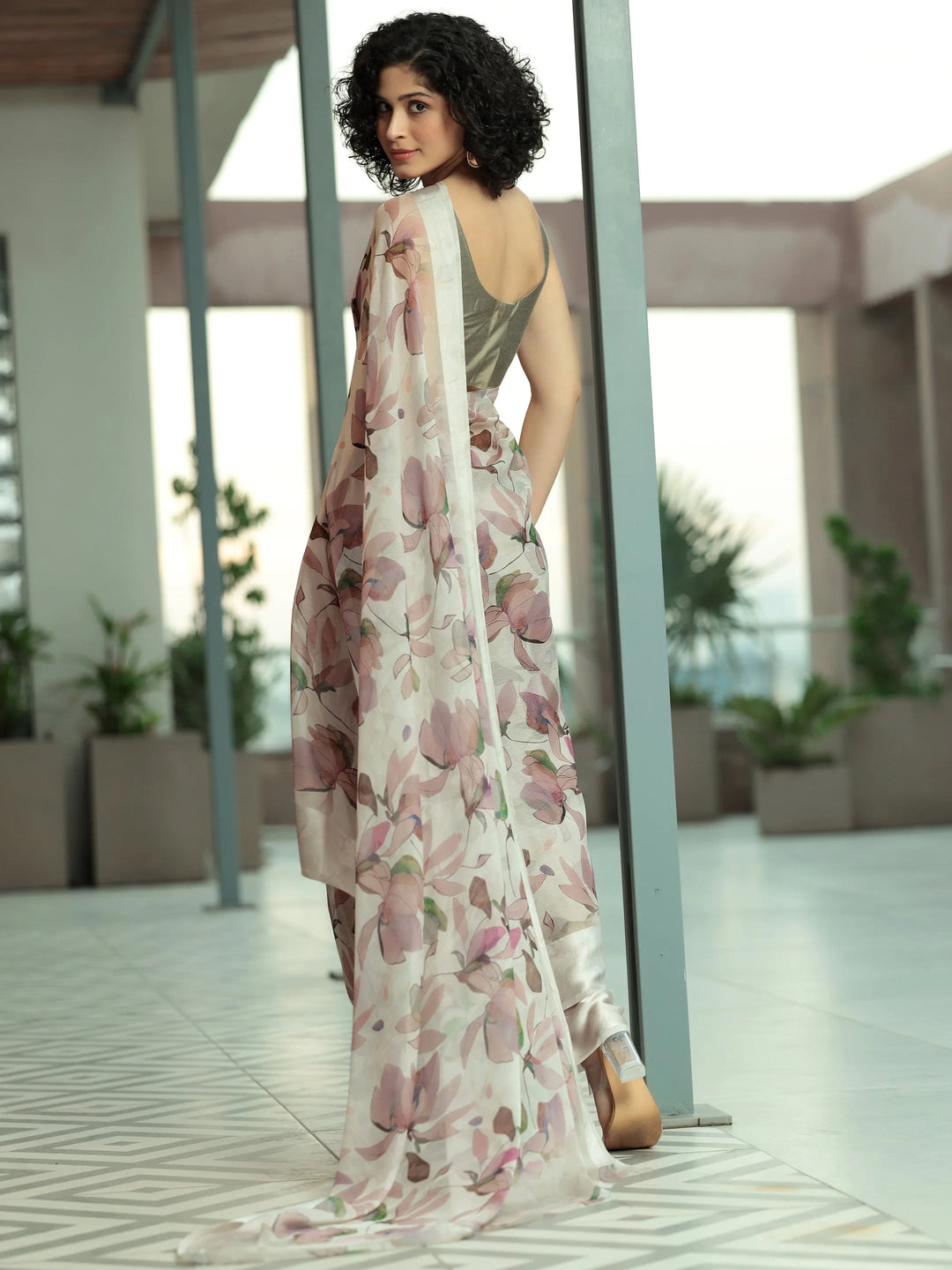  Beige Printed Poly Chiffon Saree With Unstitched Blouse Piece 