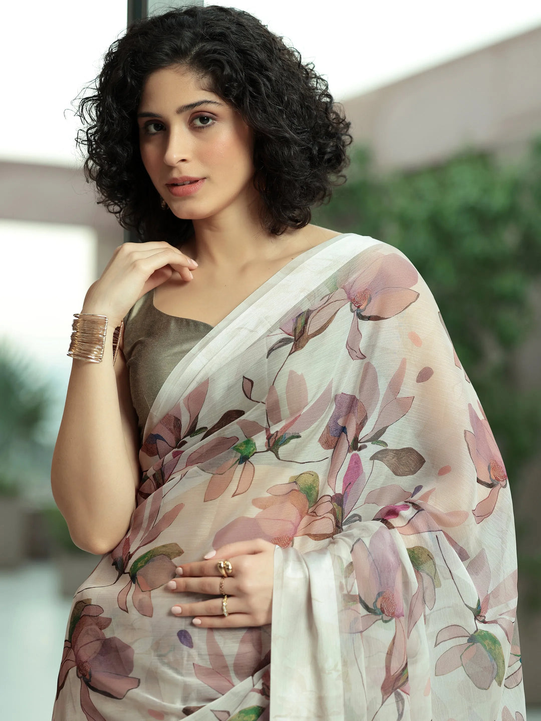  Beige Printed Poly Chiffon Saree With Unstitched Blouse Piece 