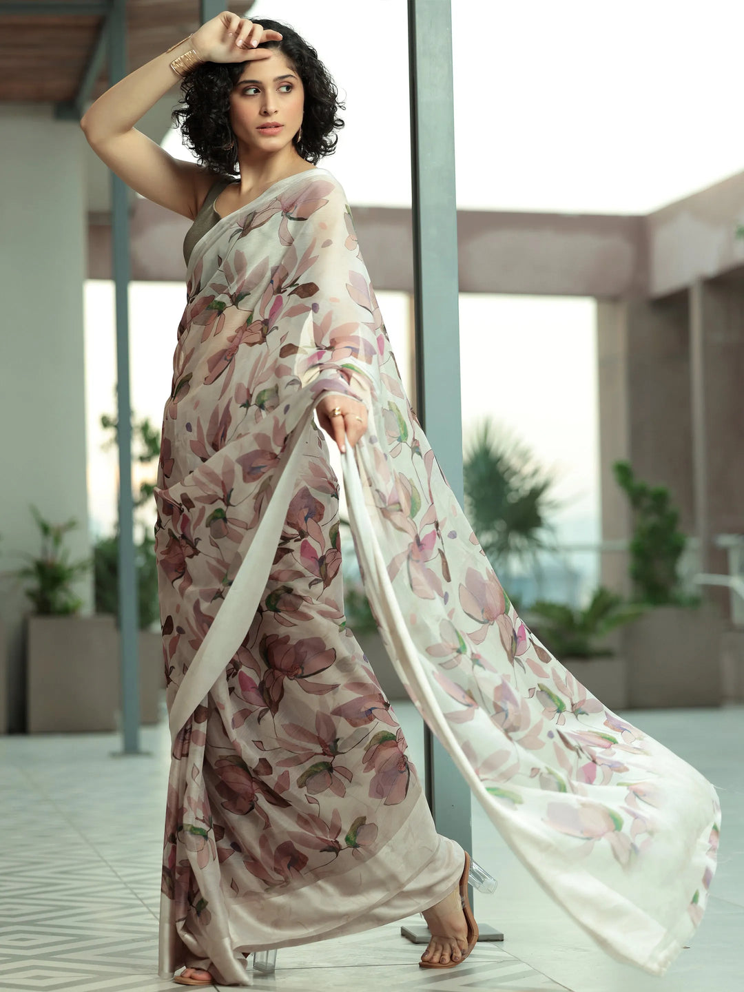  Beige Printed Poly Chiffon Saree With Unstitched Blouse Piece 