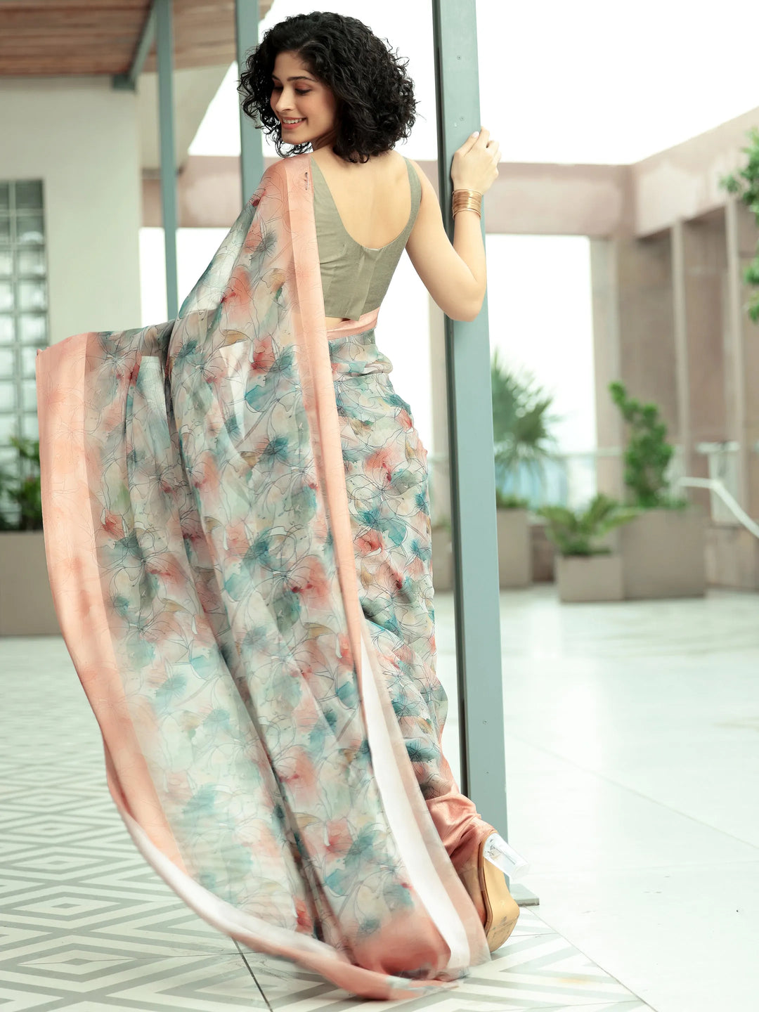  Peach Printed Poly Chiffon Saree With Unstitched Blouse Piece 