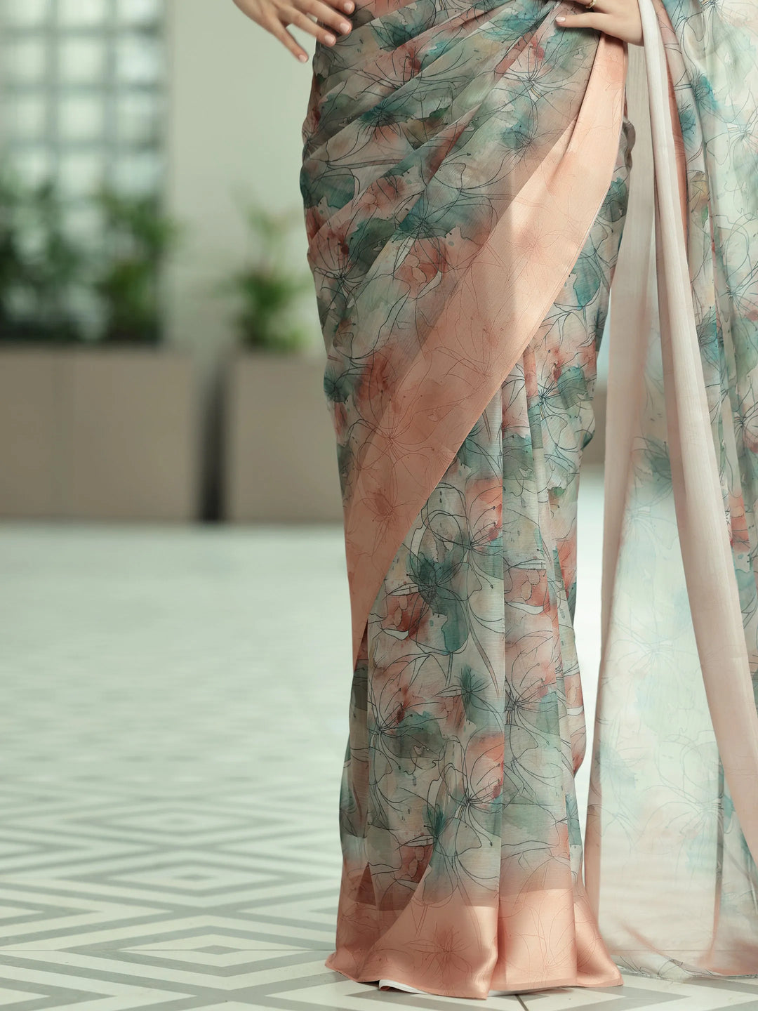  Peach Printed Poly Chiffon Saree With Unstitched Blouse Piece 