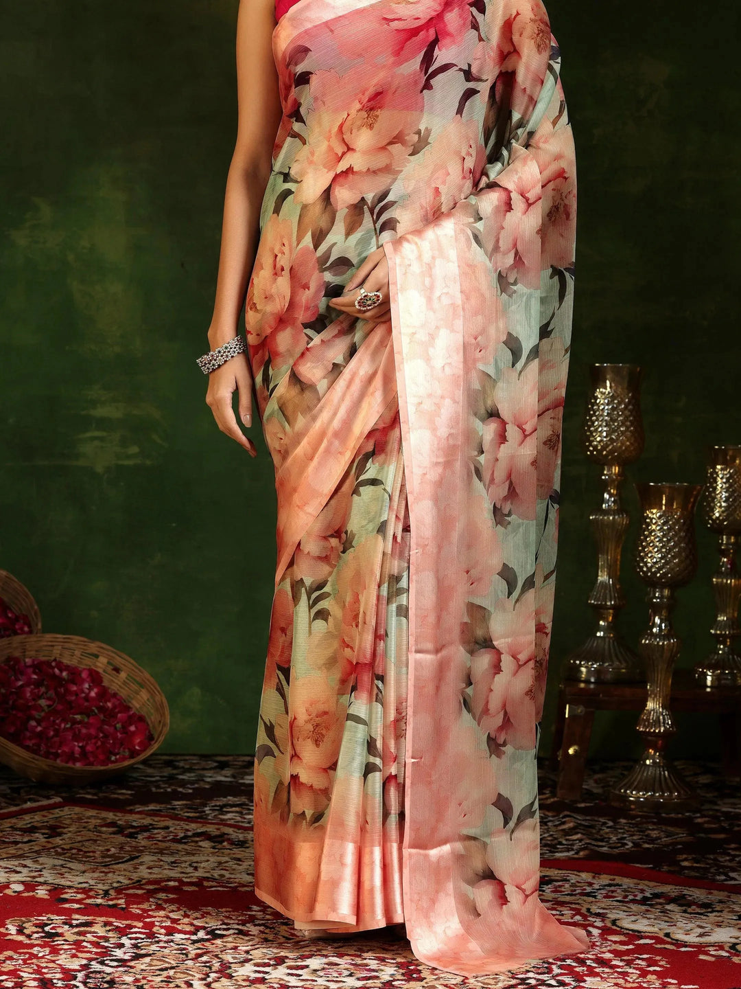  Peach Printed Poly Chiffon Saree With Unstitched Blouse Piece 