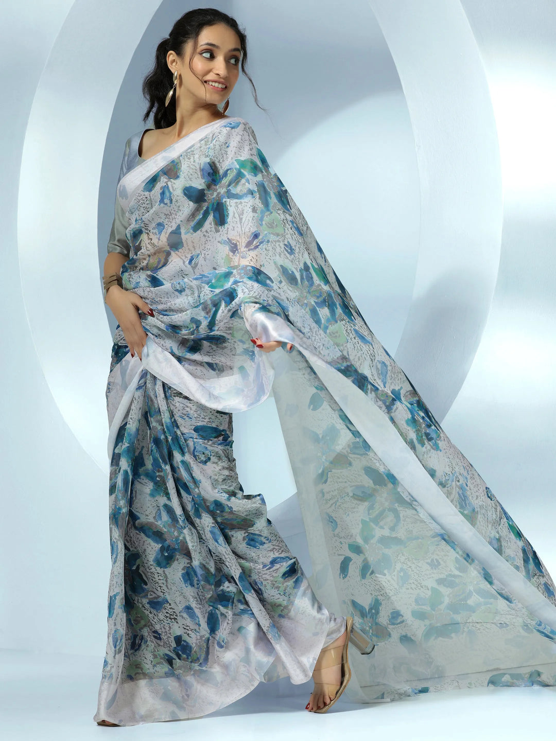  Off White Printed Poly Chiffon Saree With Unstitched Blouse Piece 
