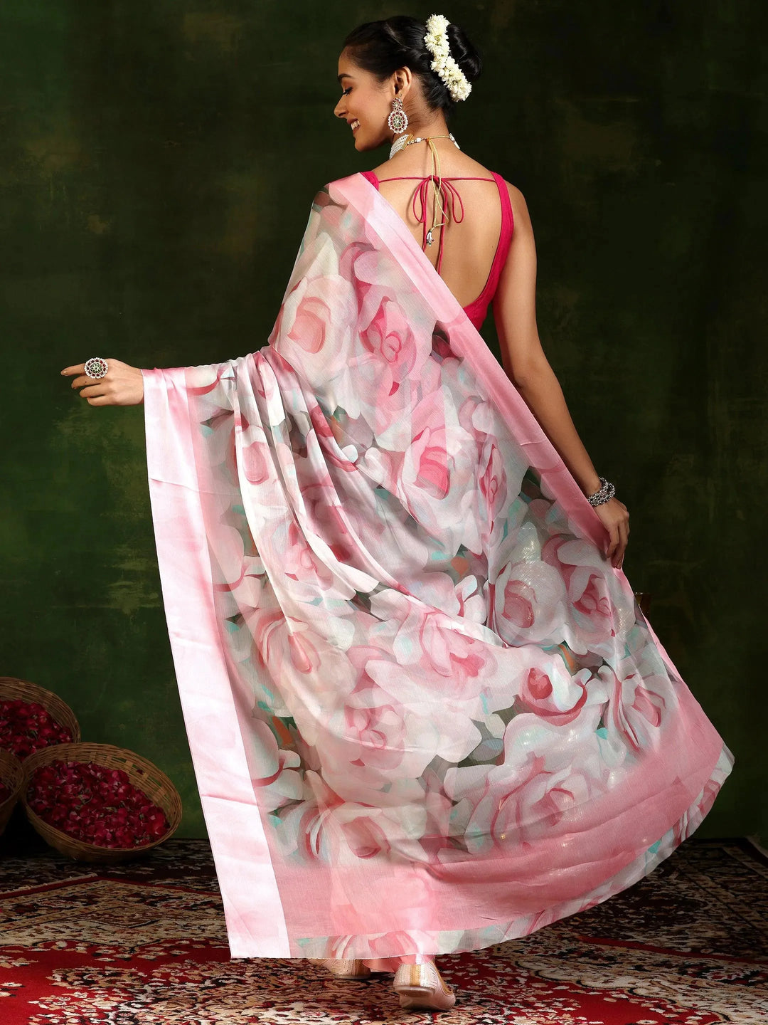  Pink Printed Poly Chiffon Saree With Unstitched Blouse Piece 