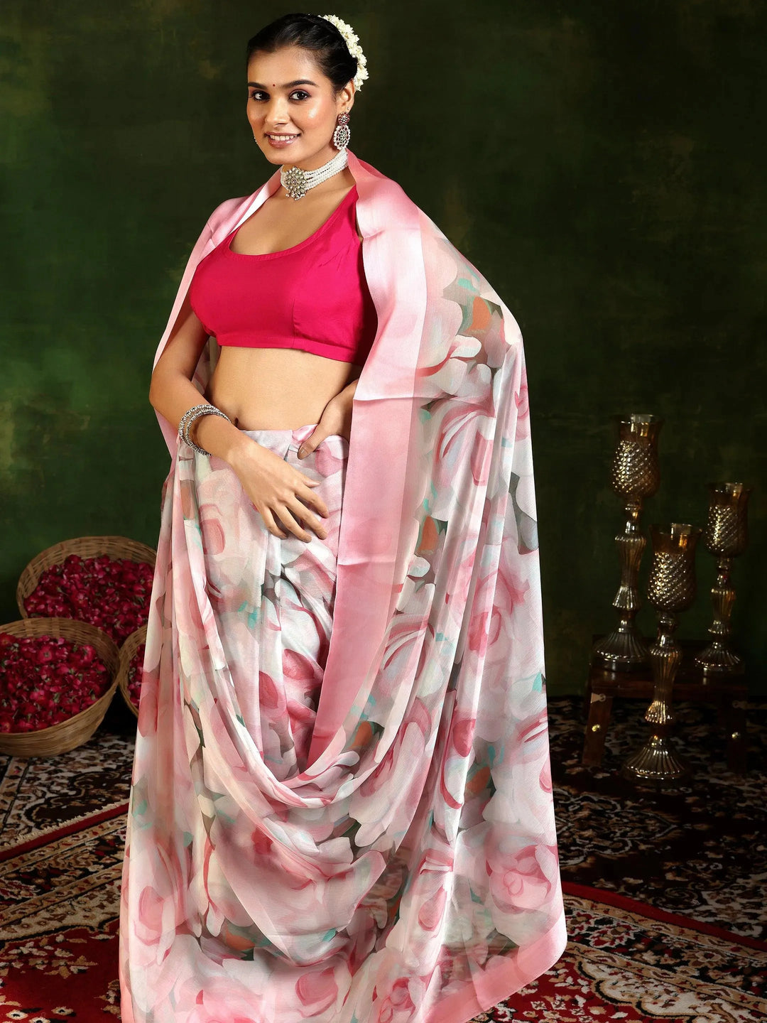  Pink Printed Poly Chiffon Saree With Unstitched Blouse Piece 