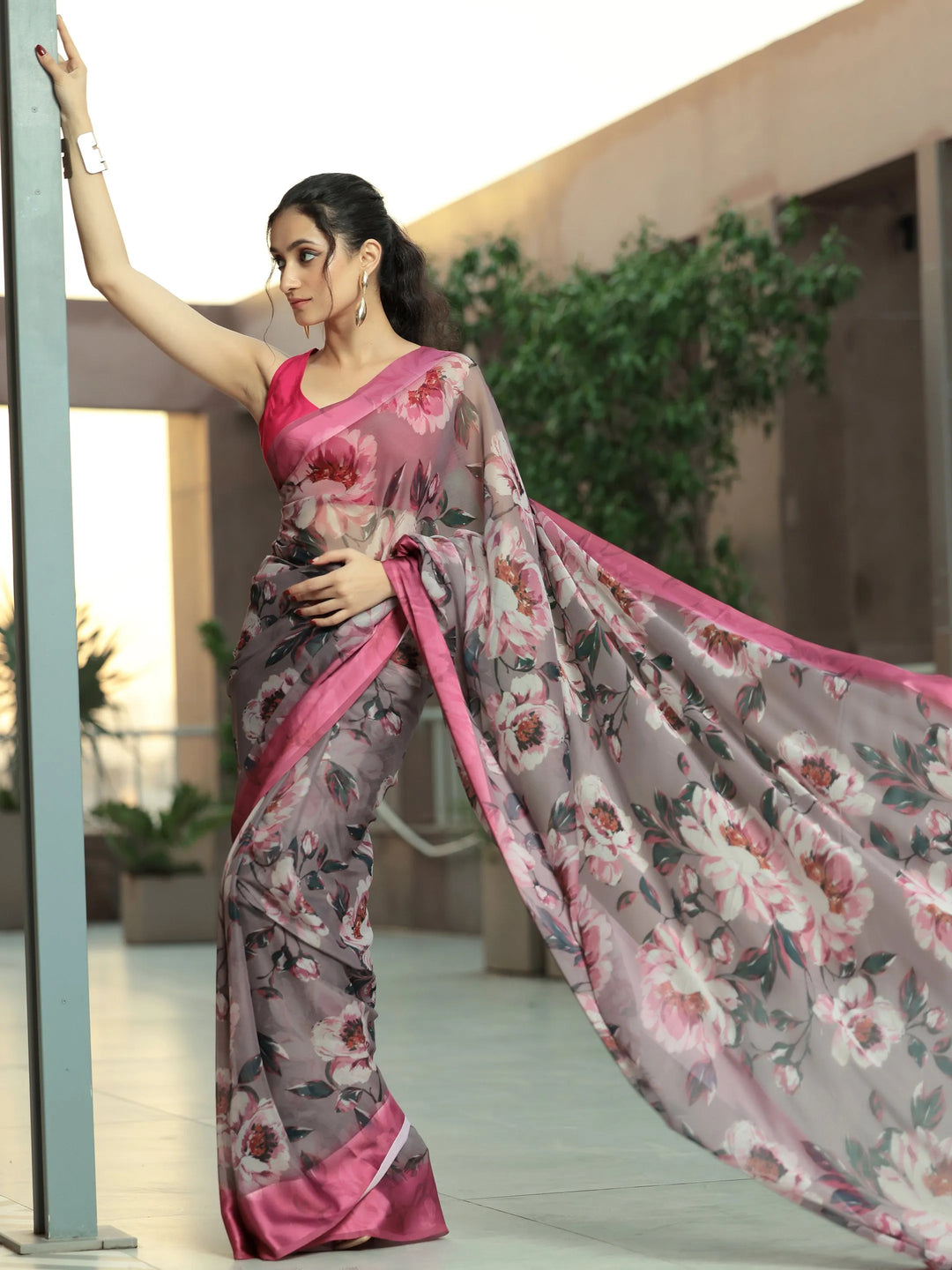  Mauve Printed Poly Chiffon Saree With Unstitched Blouse Piece 