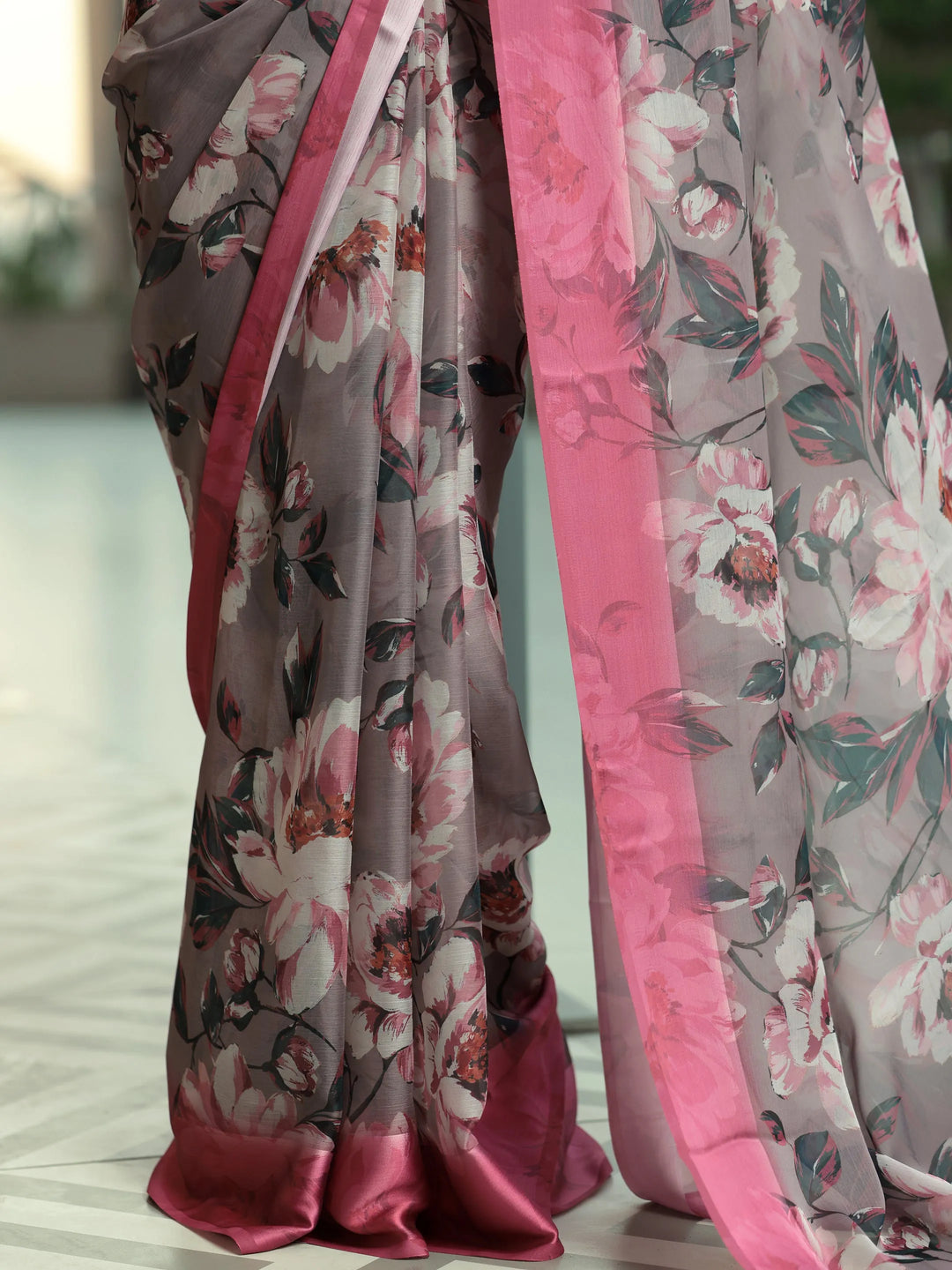  Mauve Printed Poly Chiffon Saree With Unstitched Blouse Piece 