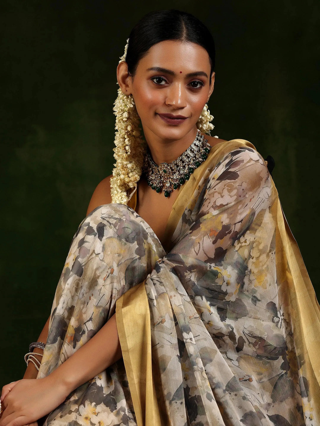  Beige Printed Poly Chiffon Saree With Unstitched Blouse Piece 