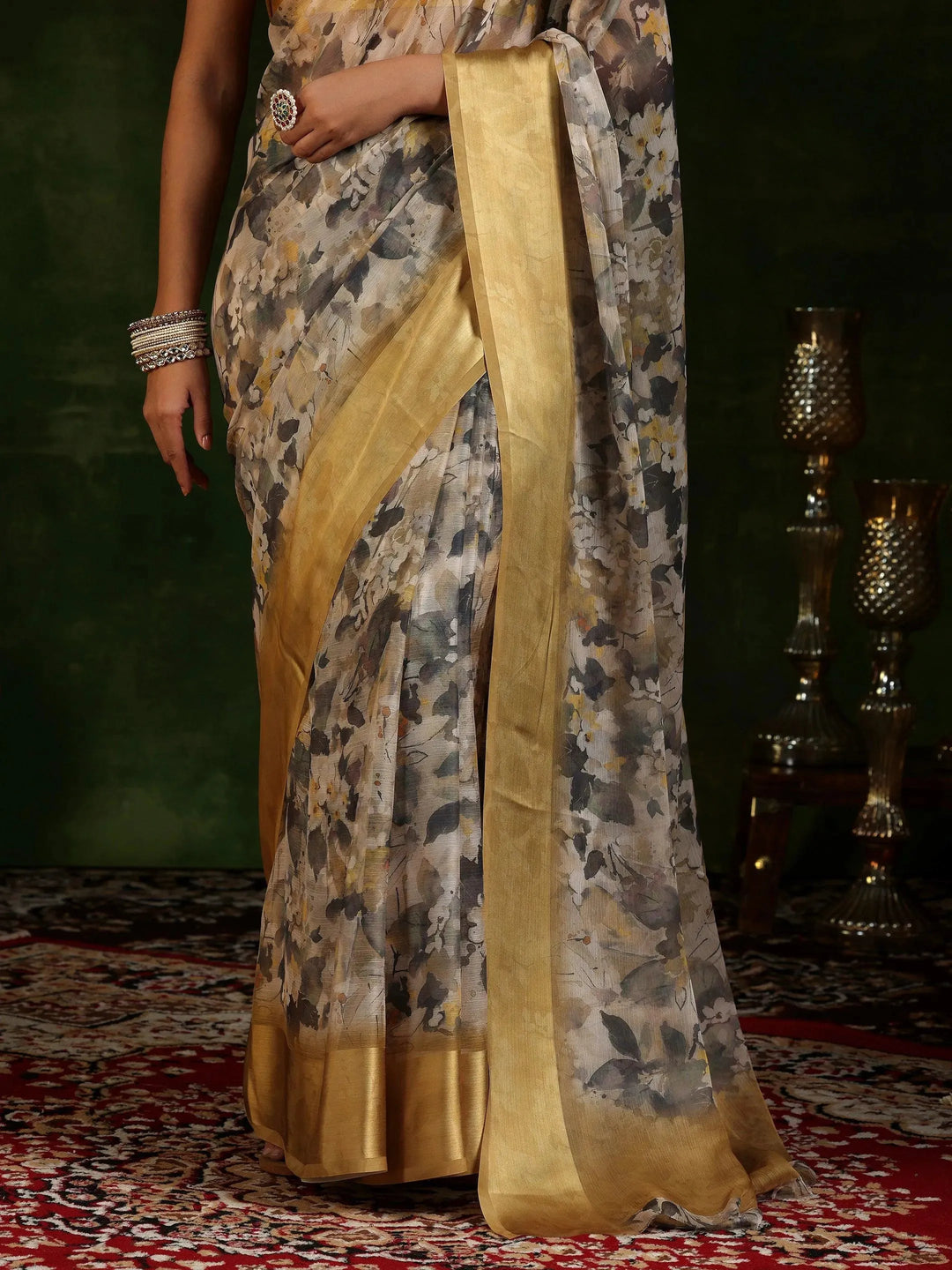  Beige Printed Poly Chiffon Saree With Unstitched Blouse Piece 