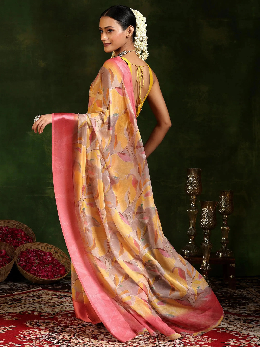  Mustard Printed Poly Chiffon Saree With Unstitched Blouse Piece 