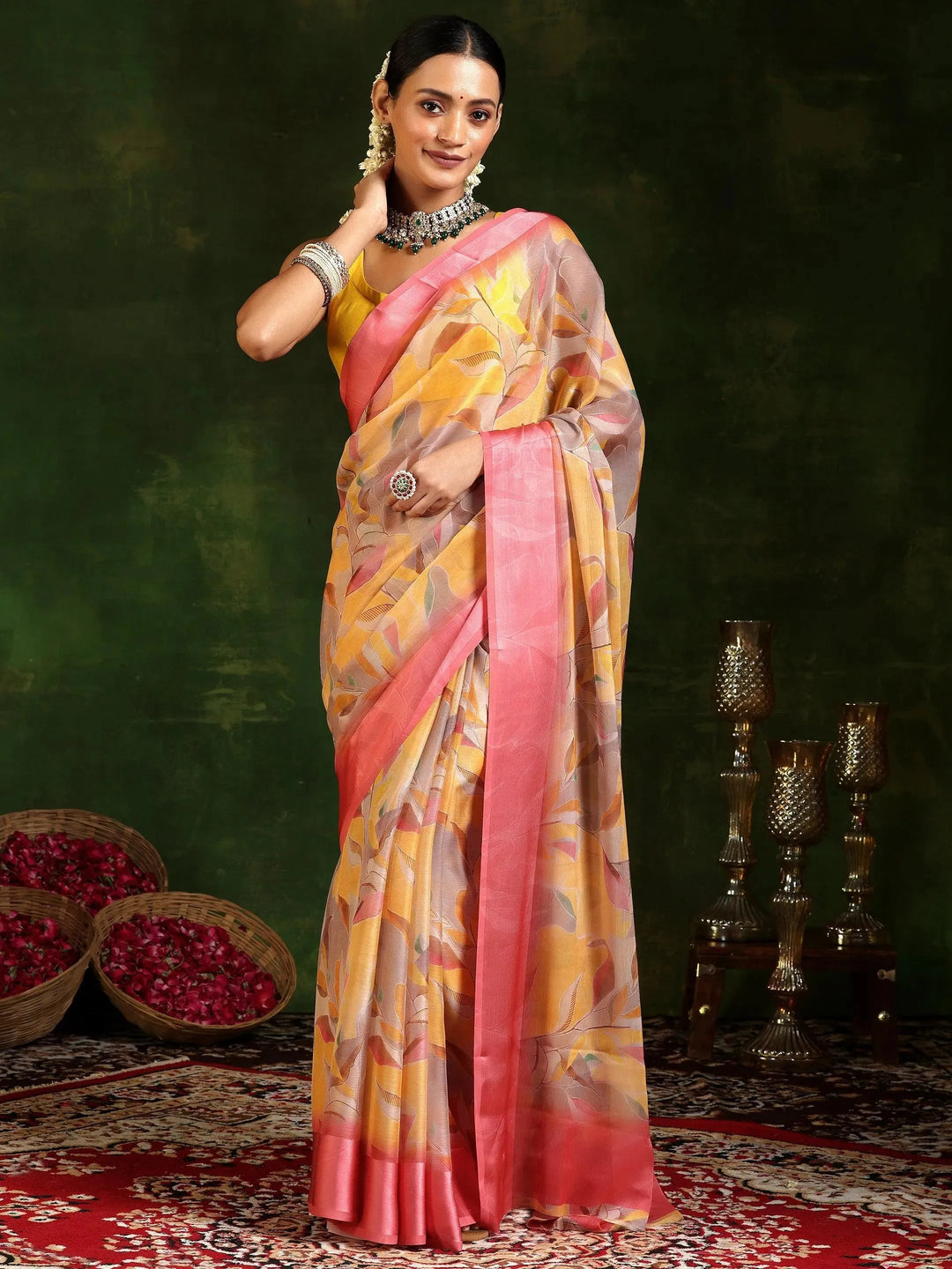  Mustard Printed Poly Chiffon Saree With Unstitched Blouse Piece 
