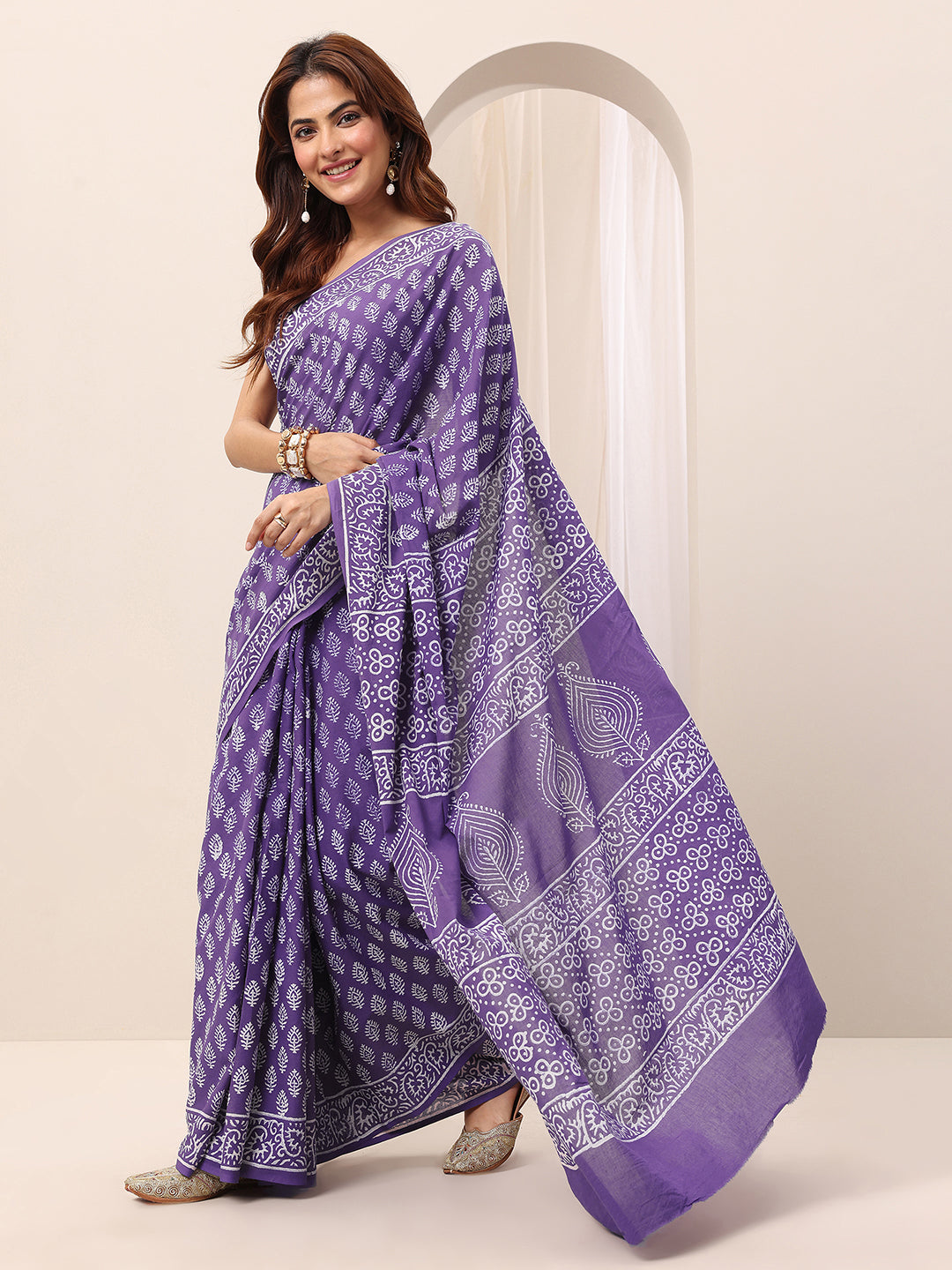  Purple Printed Cotton Saree With Unstitched Blouse 