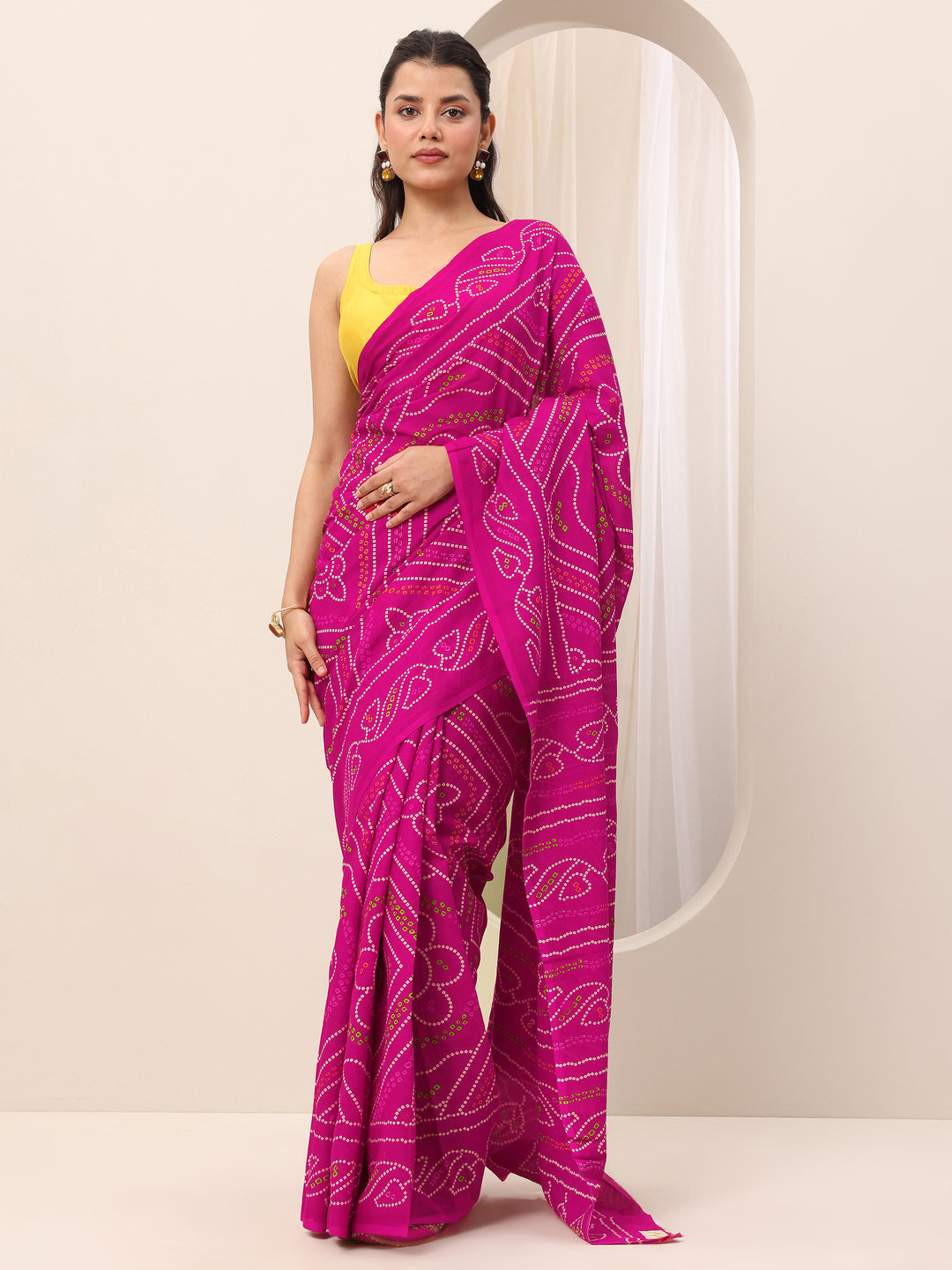 Pink Printed Cotton Saree With Unstitched Blouse