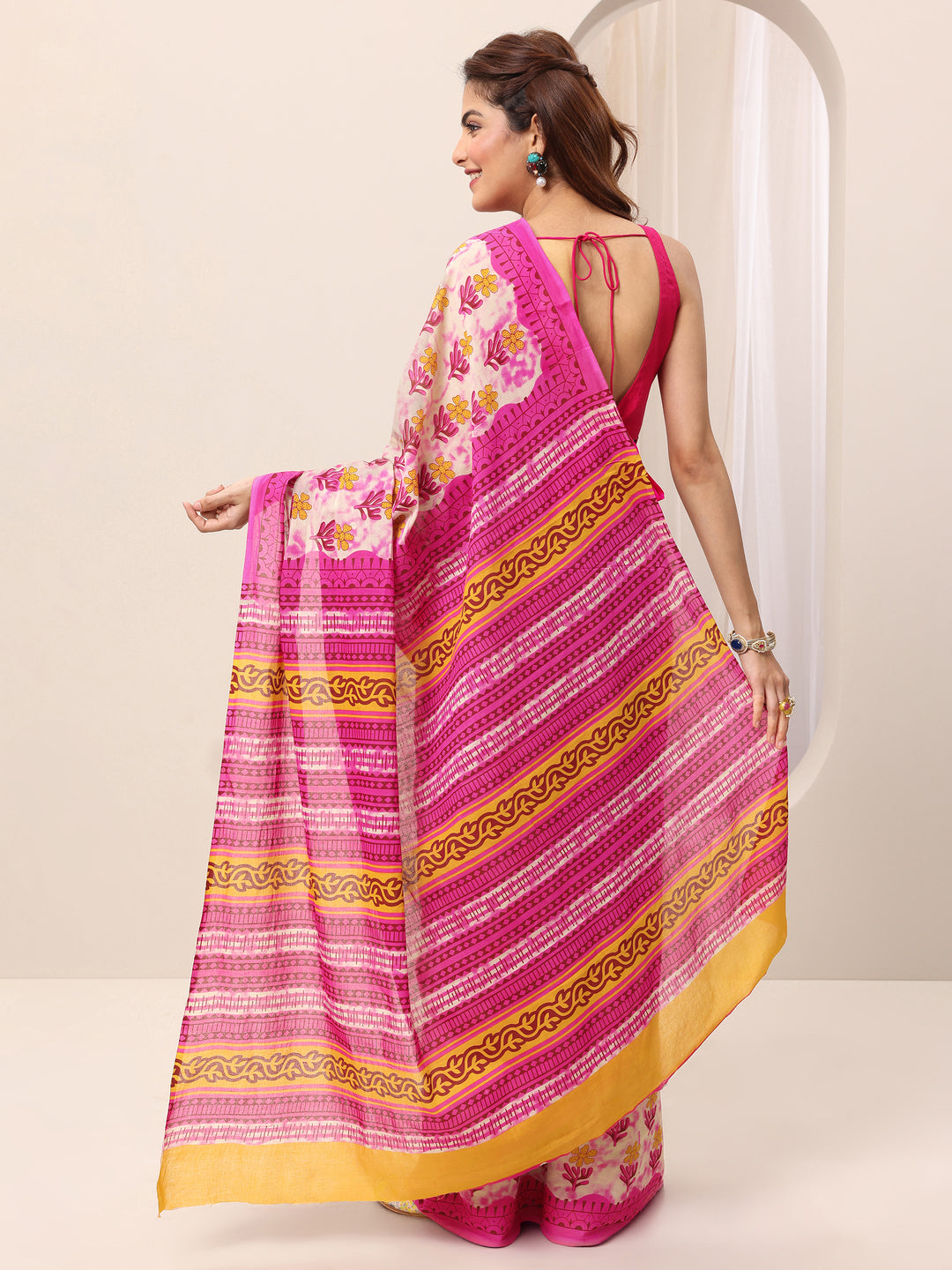  Pink Printed Cotton Saree With Unstitched Blouse 