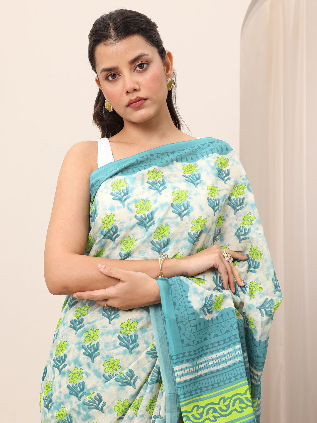  Teal Printed Cotton Saree With Unstitched Blouse 