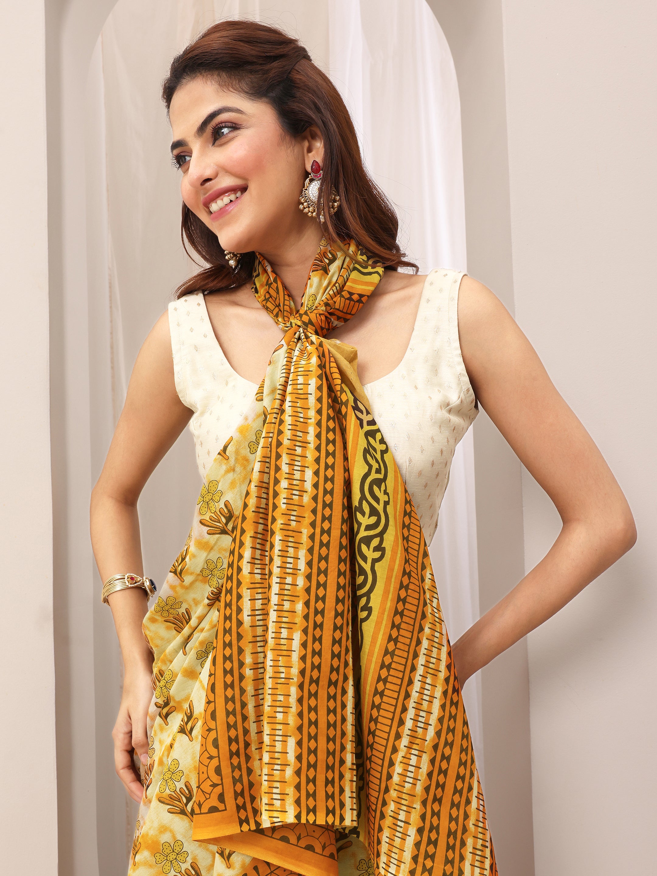 Mustard Printed Cotton Saree With Unstitched Blouse-image-22
