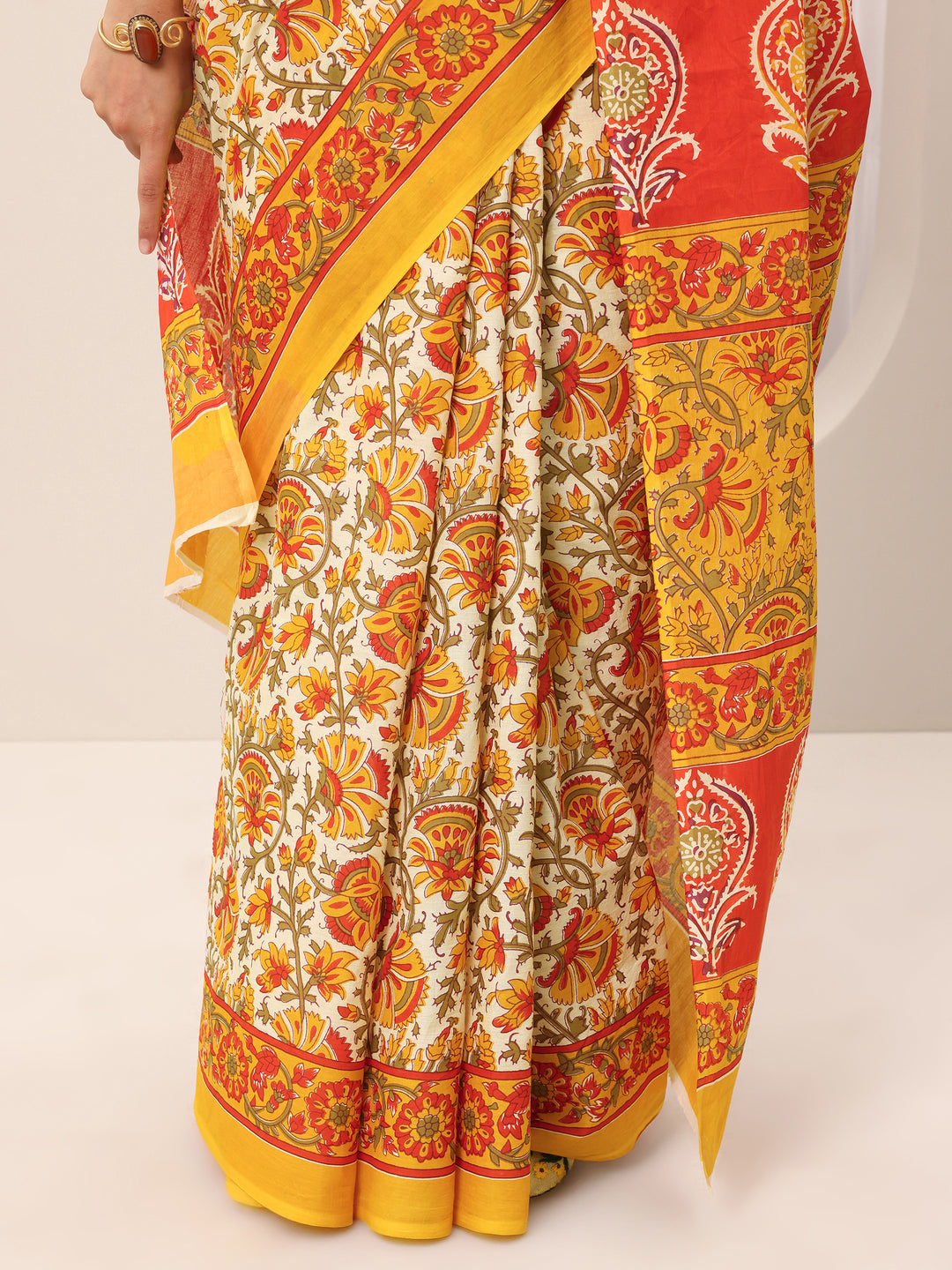  Mustard Printed Cotton Saree With Unstitched Blouse 