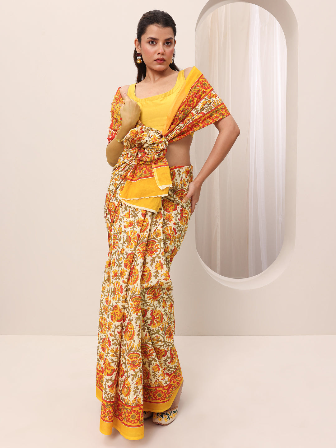  Mustard Printed Cotton Saree With Unstitched Blouse 