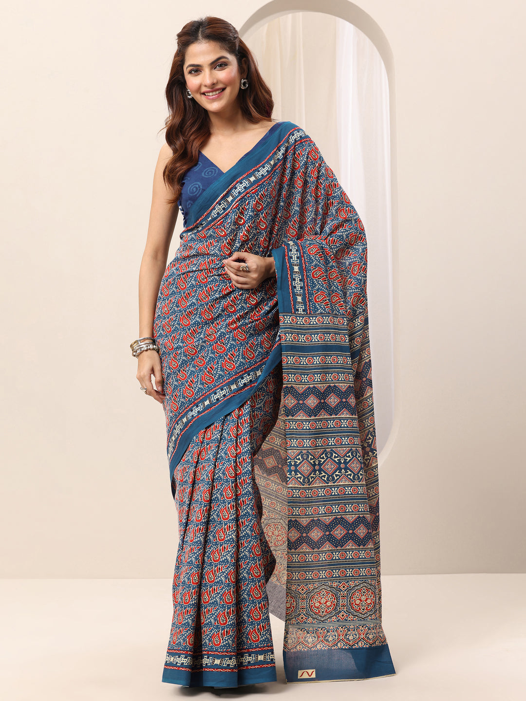  Blue Printed Cotton Saree With Unstitched Blouse 