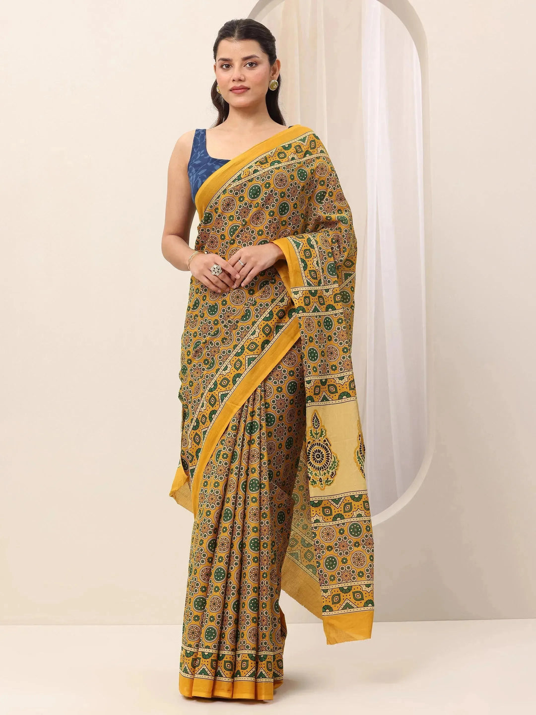  Mustard Printed Cotton Saree With Unstitched Blouse 