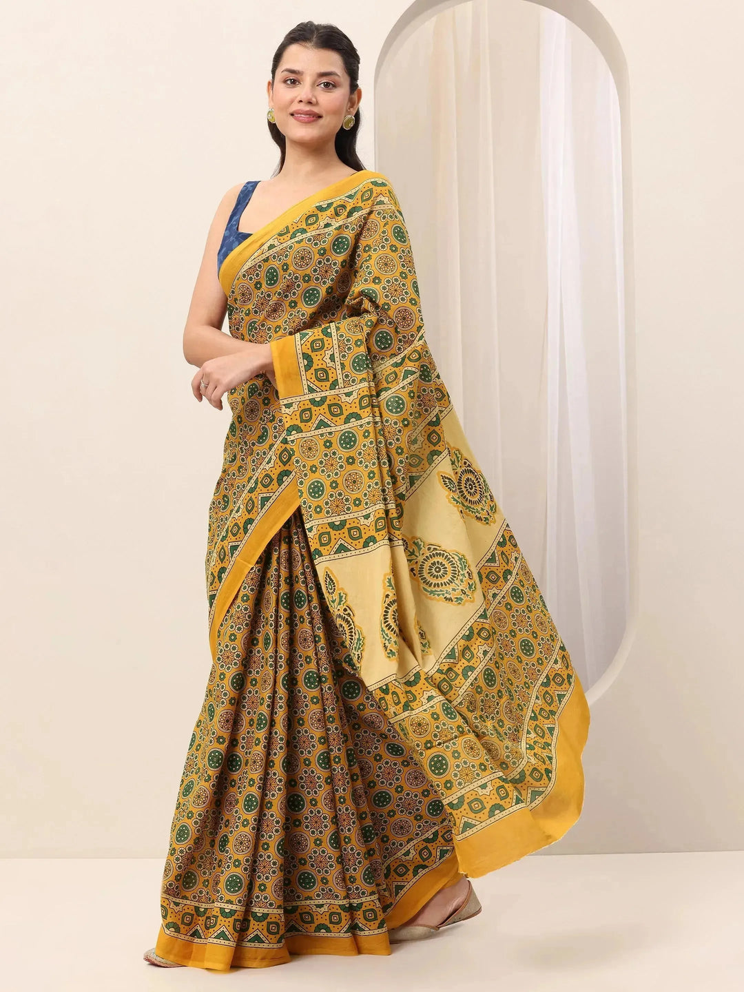  Mustard Printed Cotton Saree With Unstitched Blouse 