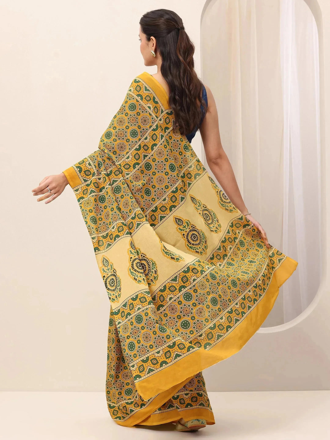  Mustard Printed Cotton Saree With Unstitched Blouse 