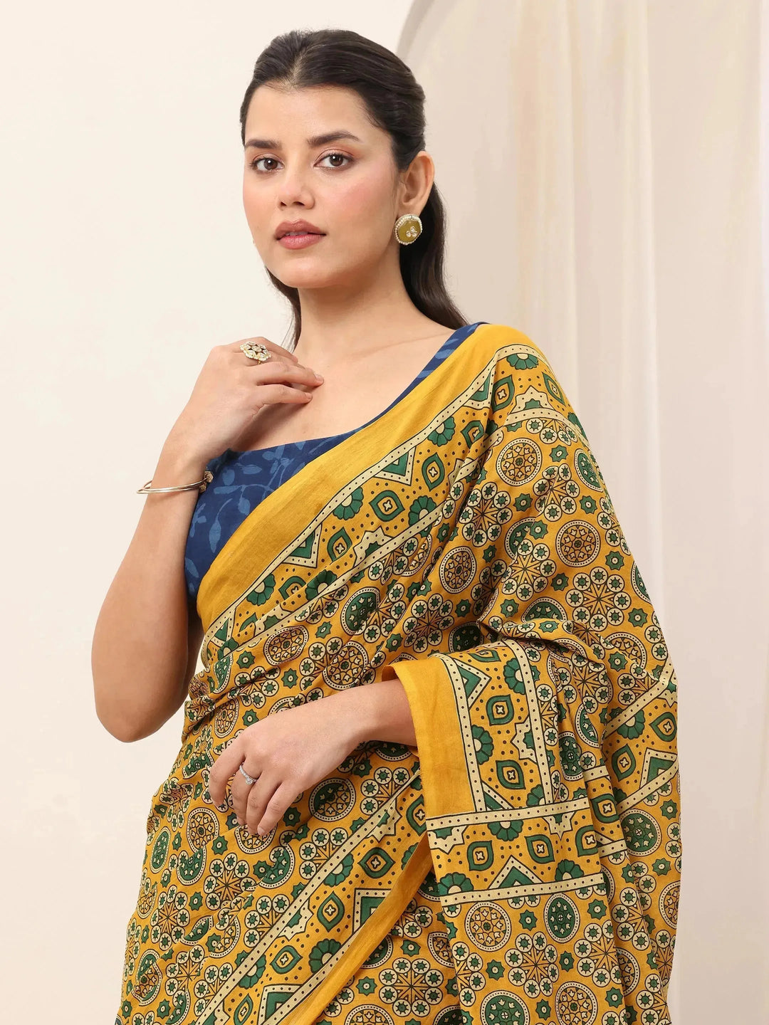  Mustard Printed Cotton Saree With Unstitched Blouse 