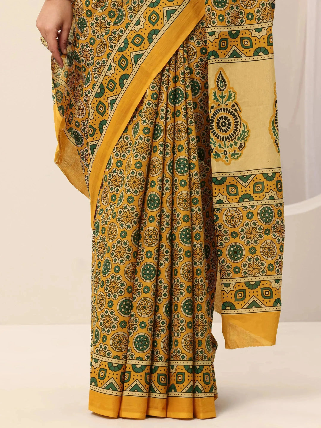  Mustard Printed Cotton Saree With Unstitched Blouse 