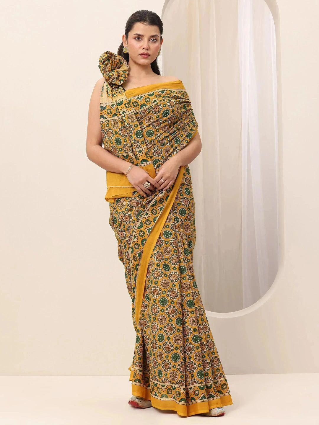  Mustard Printed Cotton Saree With Unstitched Blouse 