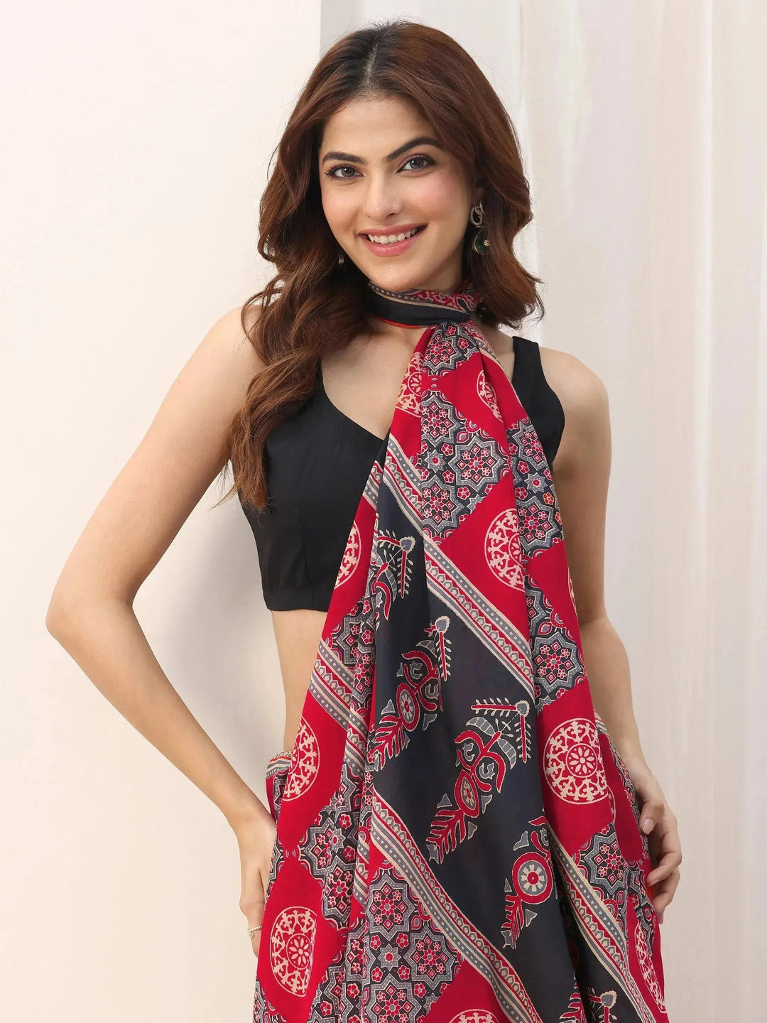  Red Printed Cotton Saree With Unstitched Blouse 