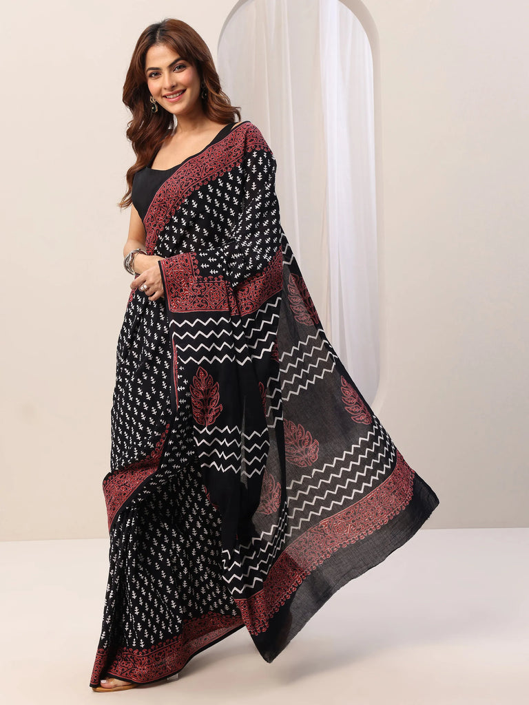 Libas Black Printed Cotton Saree With Unstitched Blouse Piece