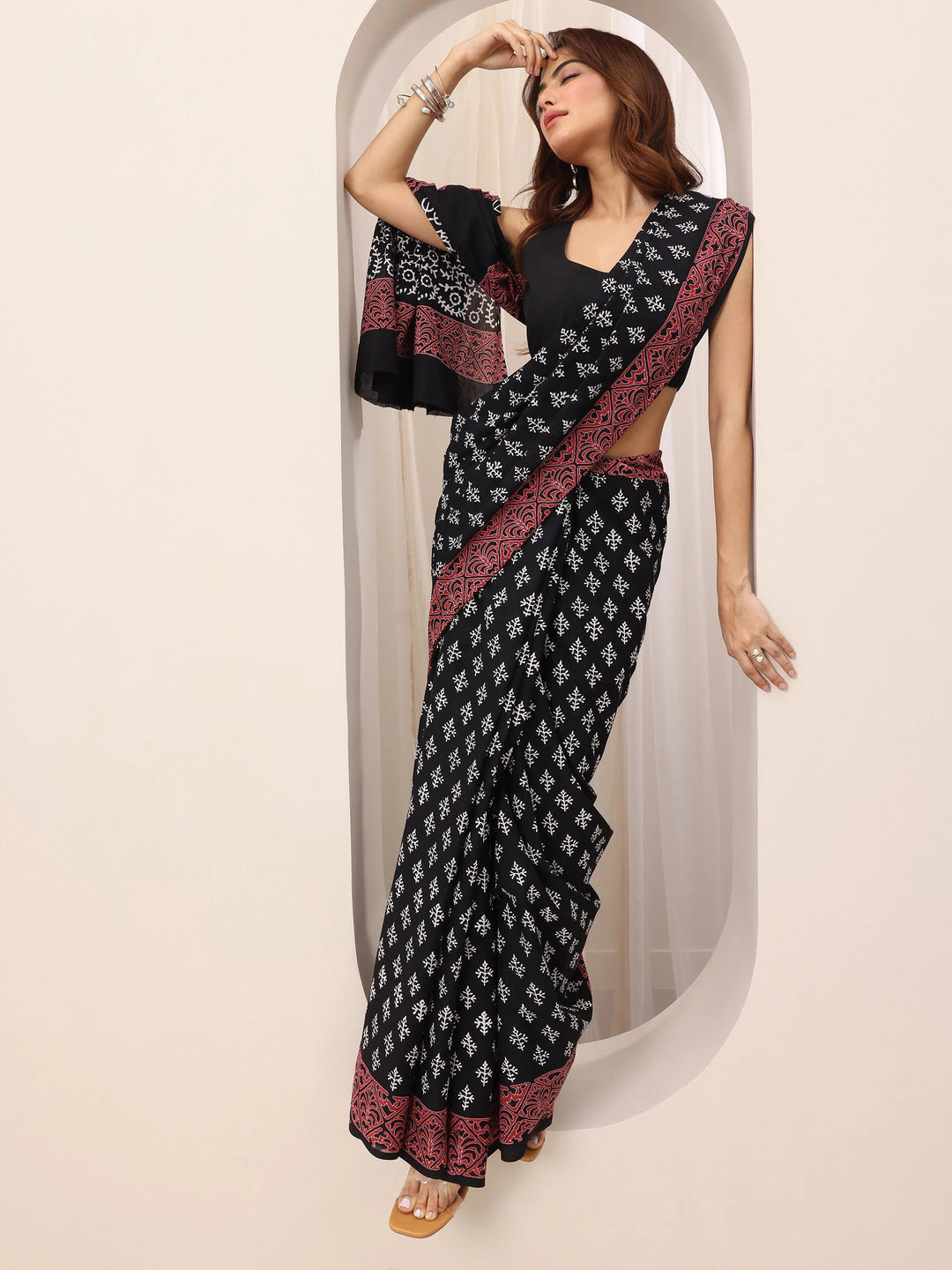  Black Printed Cotton Saree With Unstitched Blouse Piece 