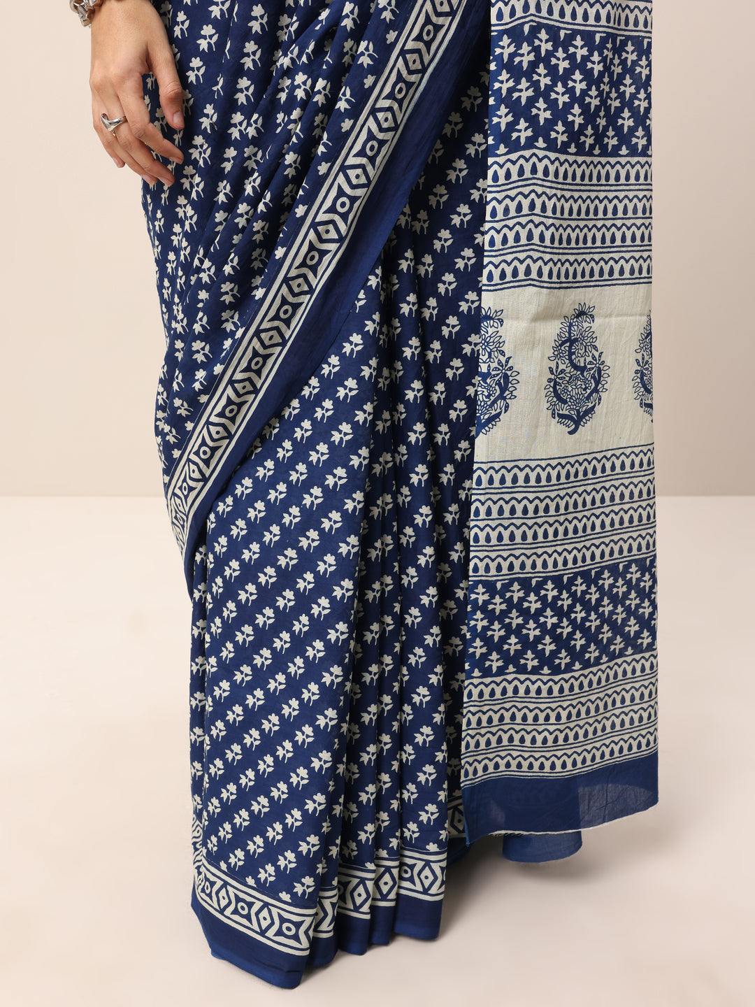  Indigo Printed Cotton Saree With Unstitched Blouse 