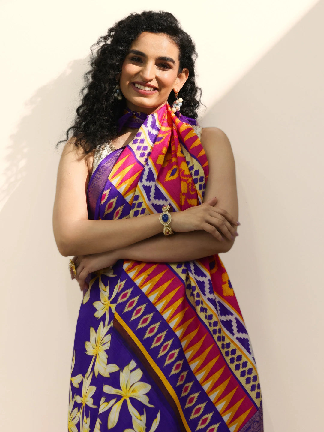  Purple Printed Silk Blend Saree With Unstitched Blouse Piece 