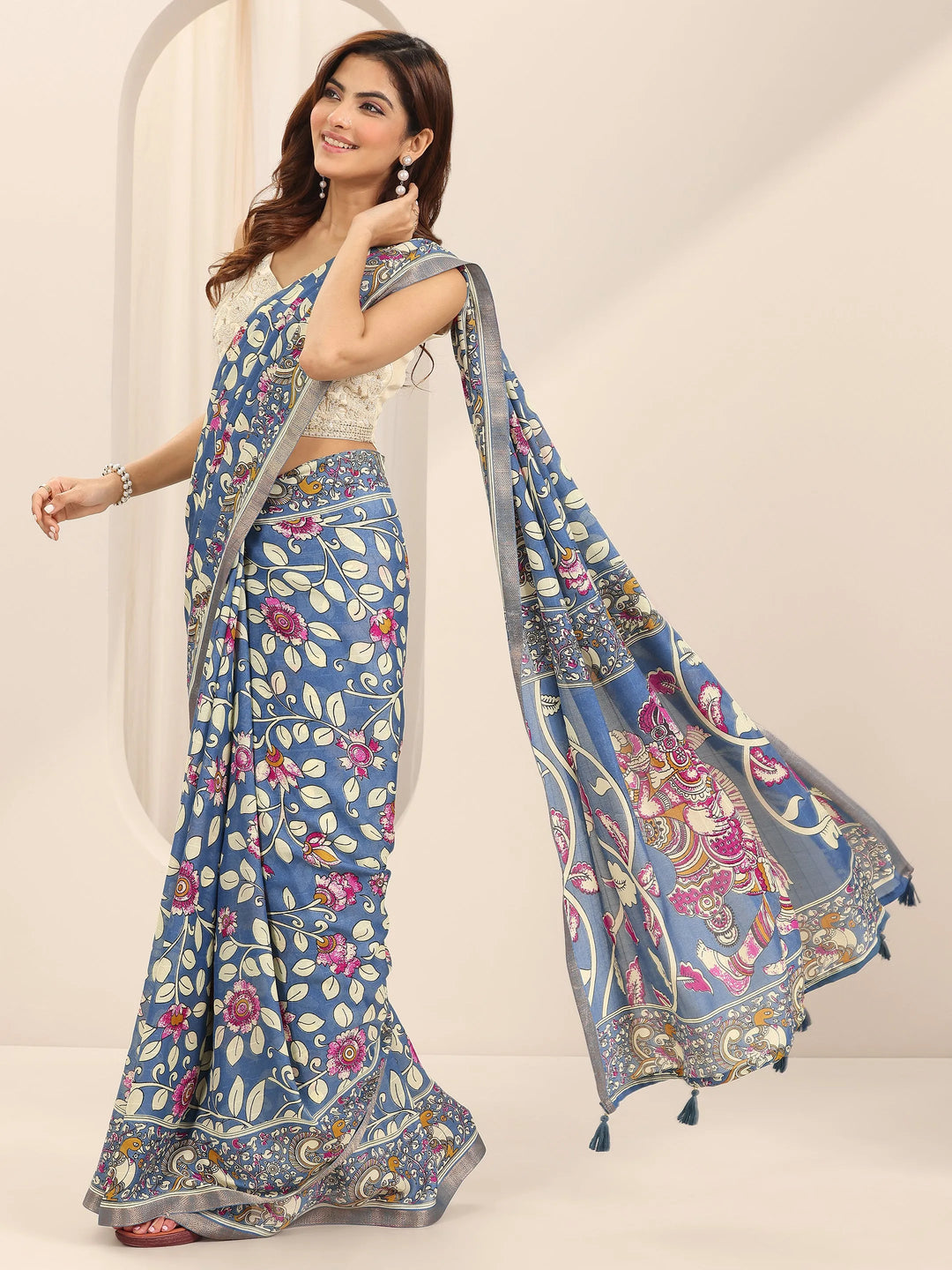  Blue Printed Georgette Saree With Unstitched Blouse Piece 
