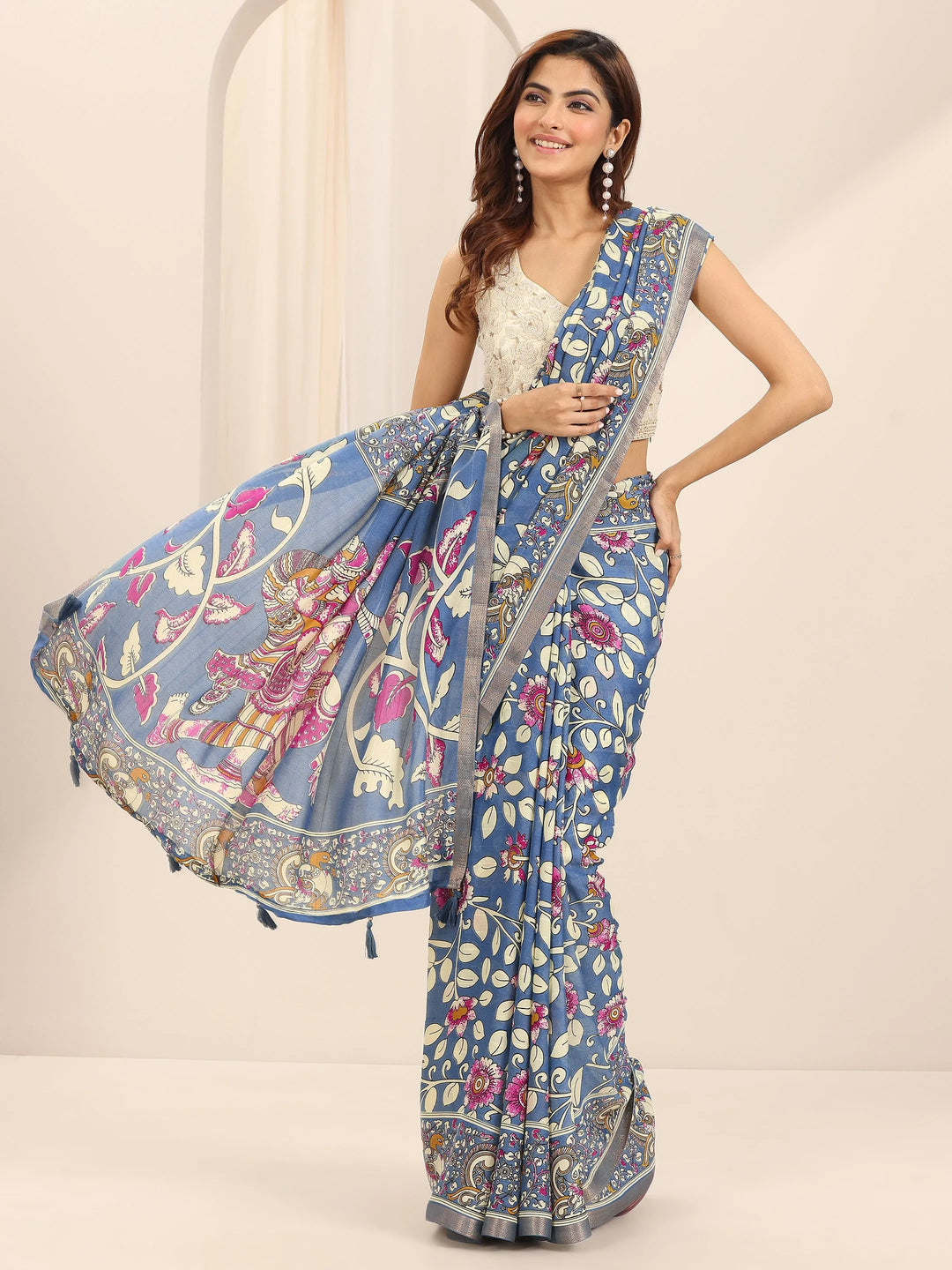  Blue Printed Georgette Saree With Unstitched Blouse Piece 