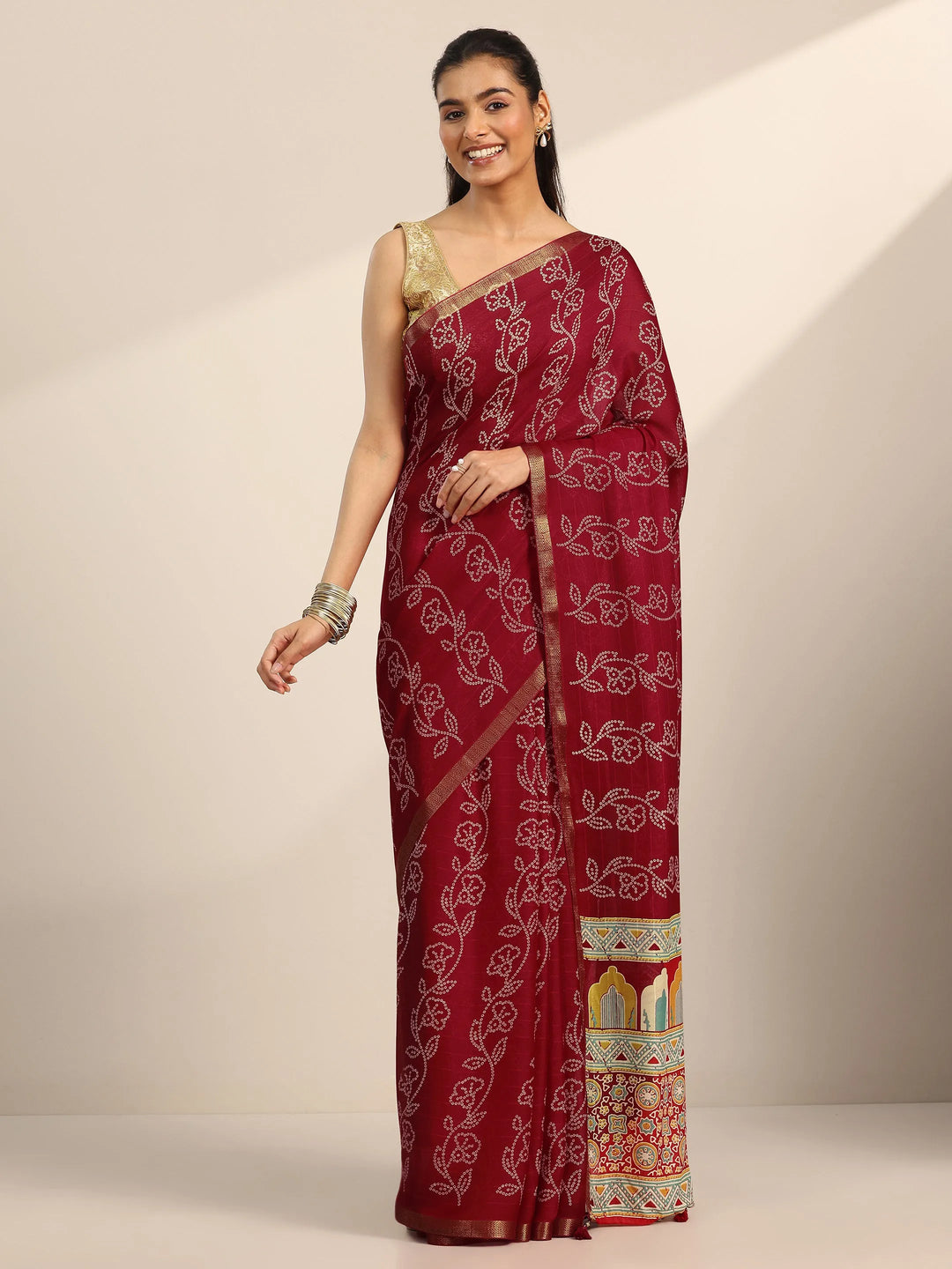  Red Printed Georgette Saree With Unstitched Blouse Piece 