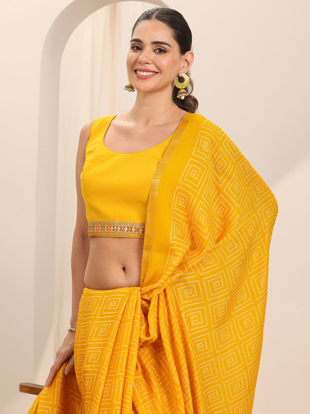  Yellow Printed Georgette Saree With Unstitched Blouse Piece 