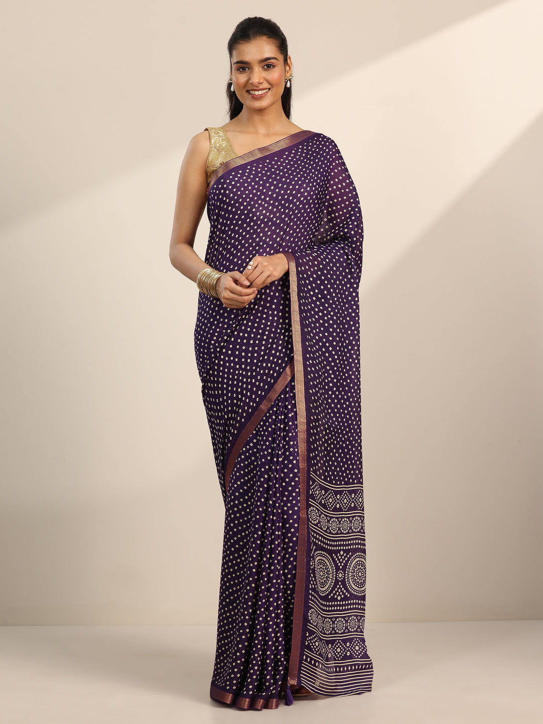  Purple Printed Georgette Saree With Unstitched Blouse Piece 