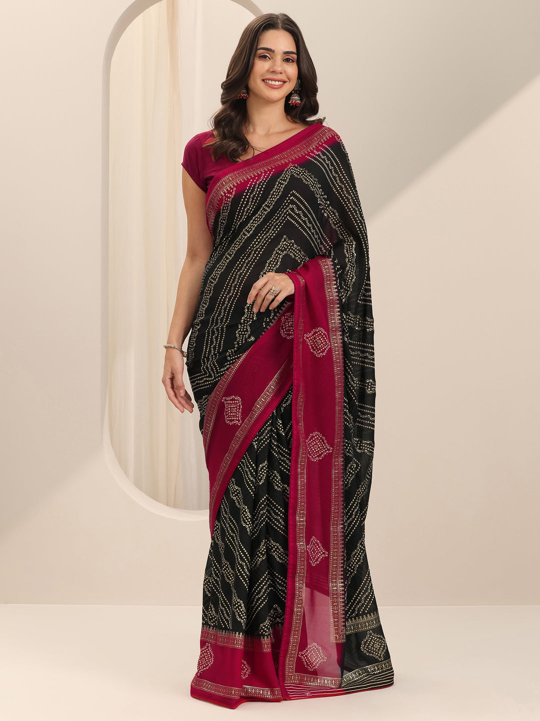  Black Printed Georgette Saree With Unstitched Blouse Piece 