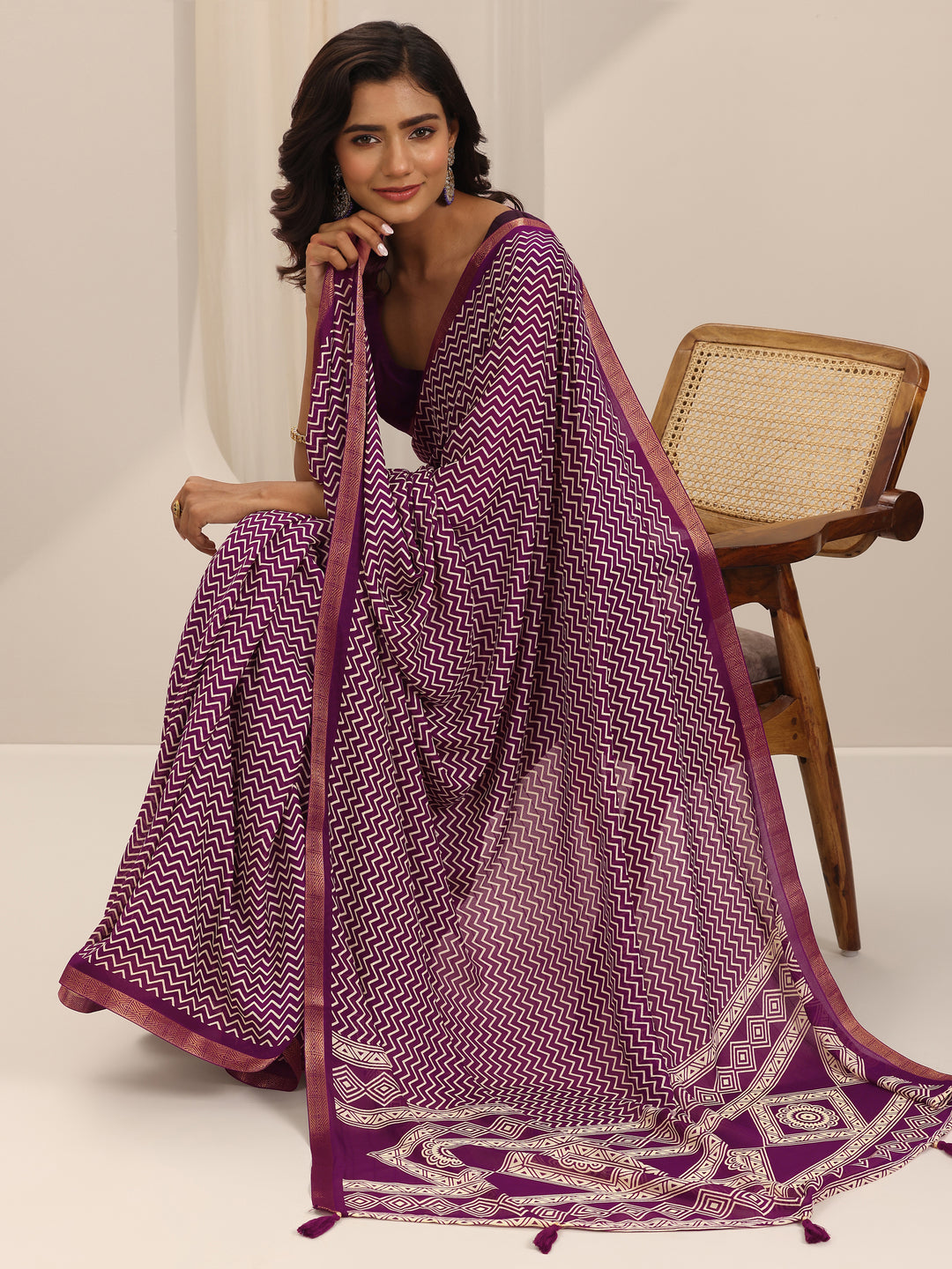  Wine Printed Georgette Saree With Unstitched Blouse Piece 