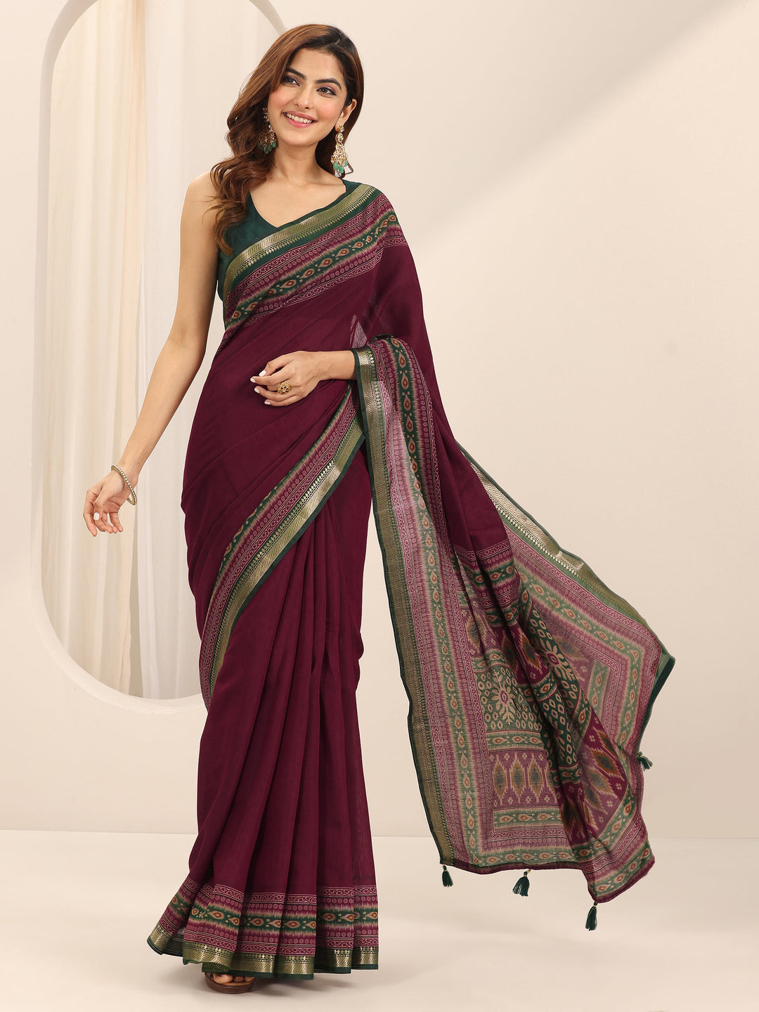 Red Solid Cotton Silk Saree With Unstitched Blouse Piece 