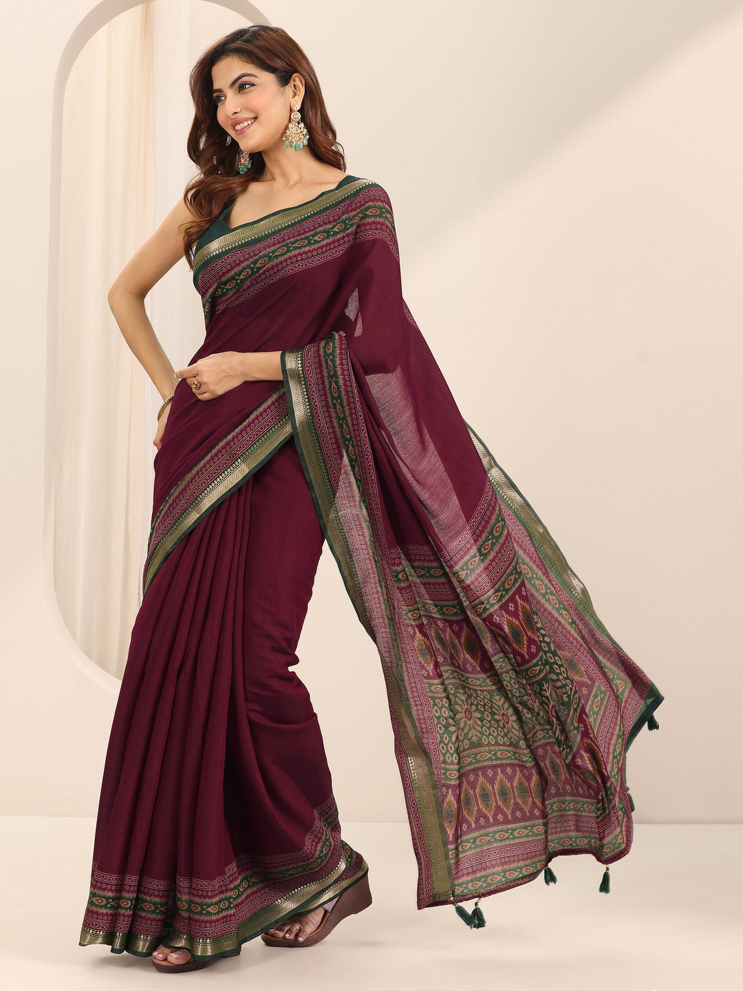  Red Solid Cotton Silk Saree With Unstitched Blouse Piece 