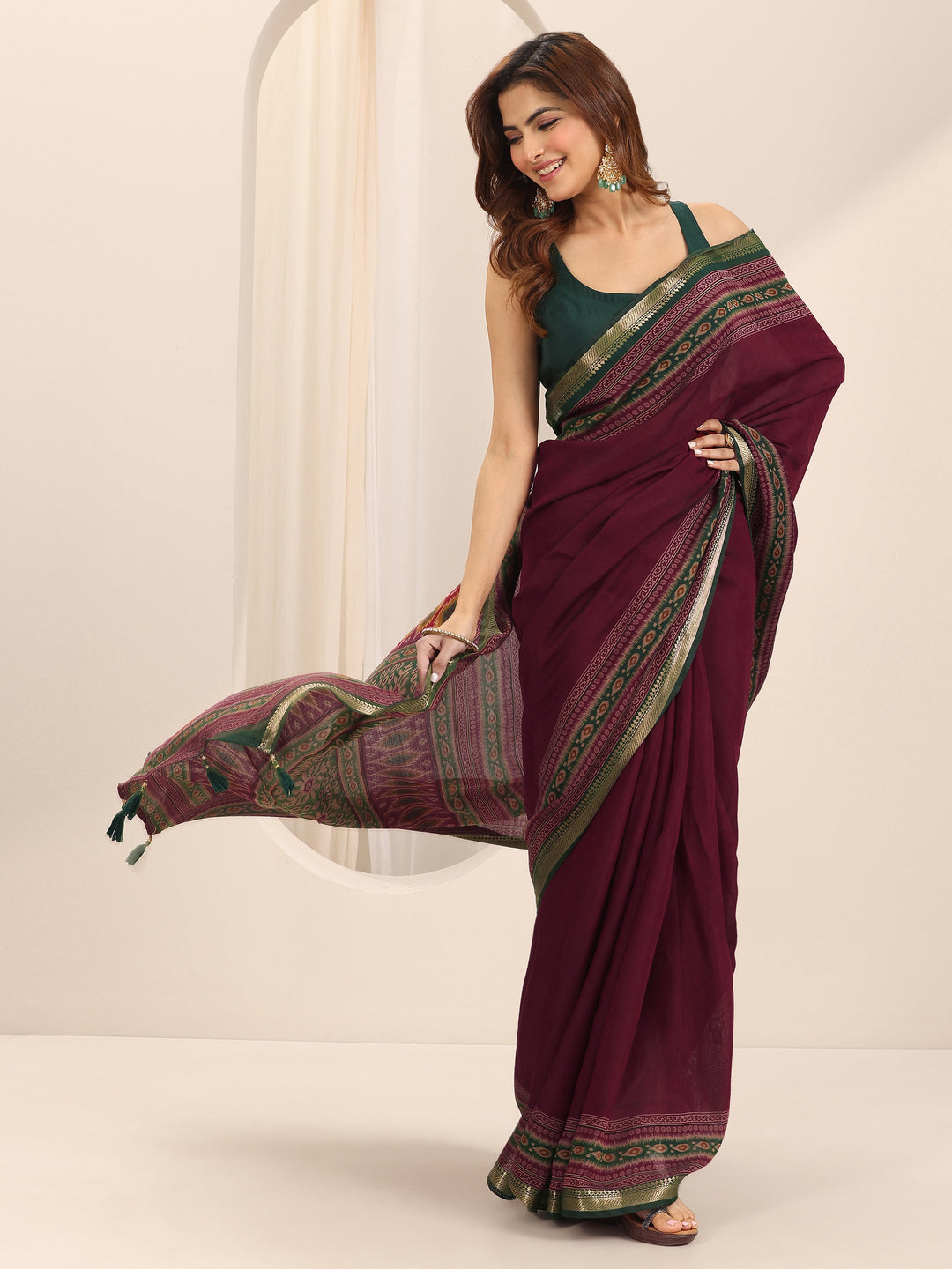  Red Solid Cotton Silk Saree With Unstitched Blouse Piece 