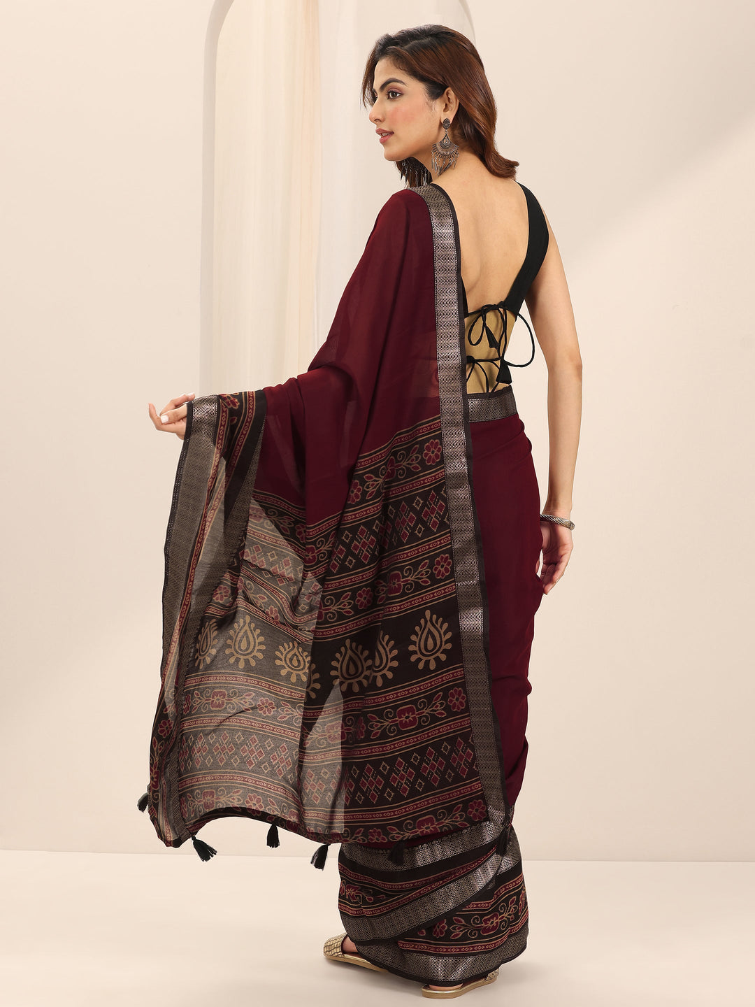  Maroon Solid Cotton Silk Saree With Unstitched Blouse Piece 