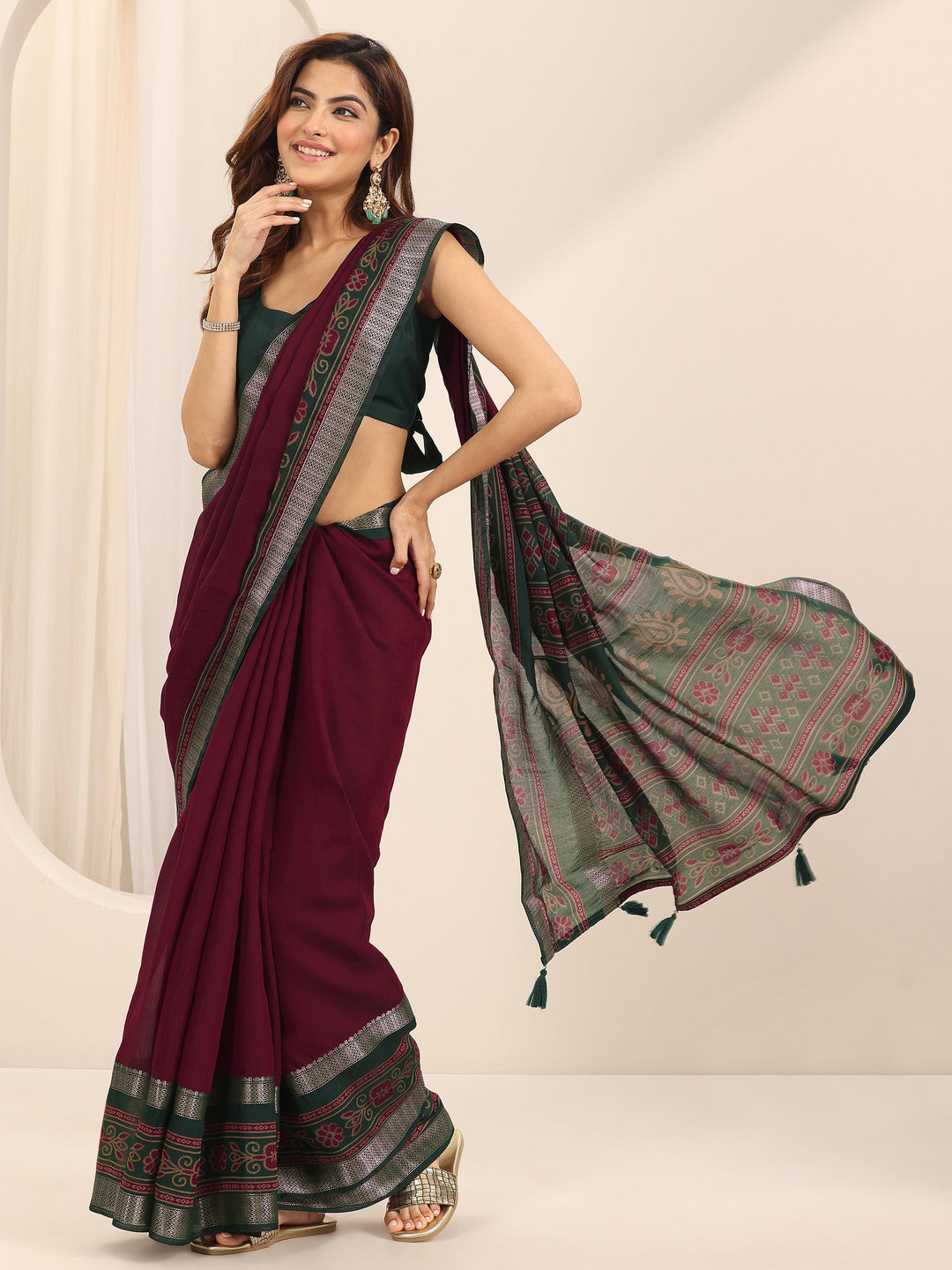  Red Solid Cotton Silk Saree With Unstitched Blouse Piece 