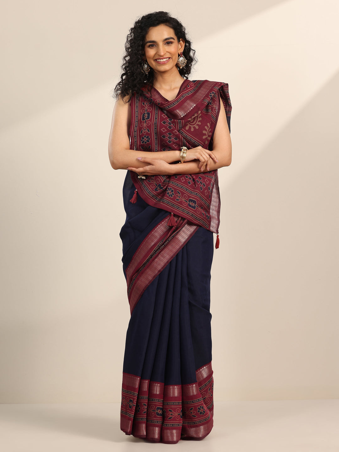  Blue Solid Cotton Silk Saree With Unstitched Blouse Piece 