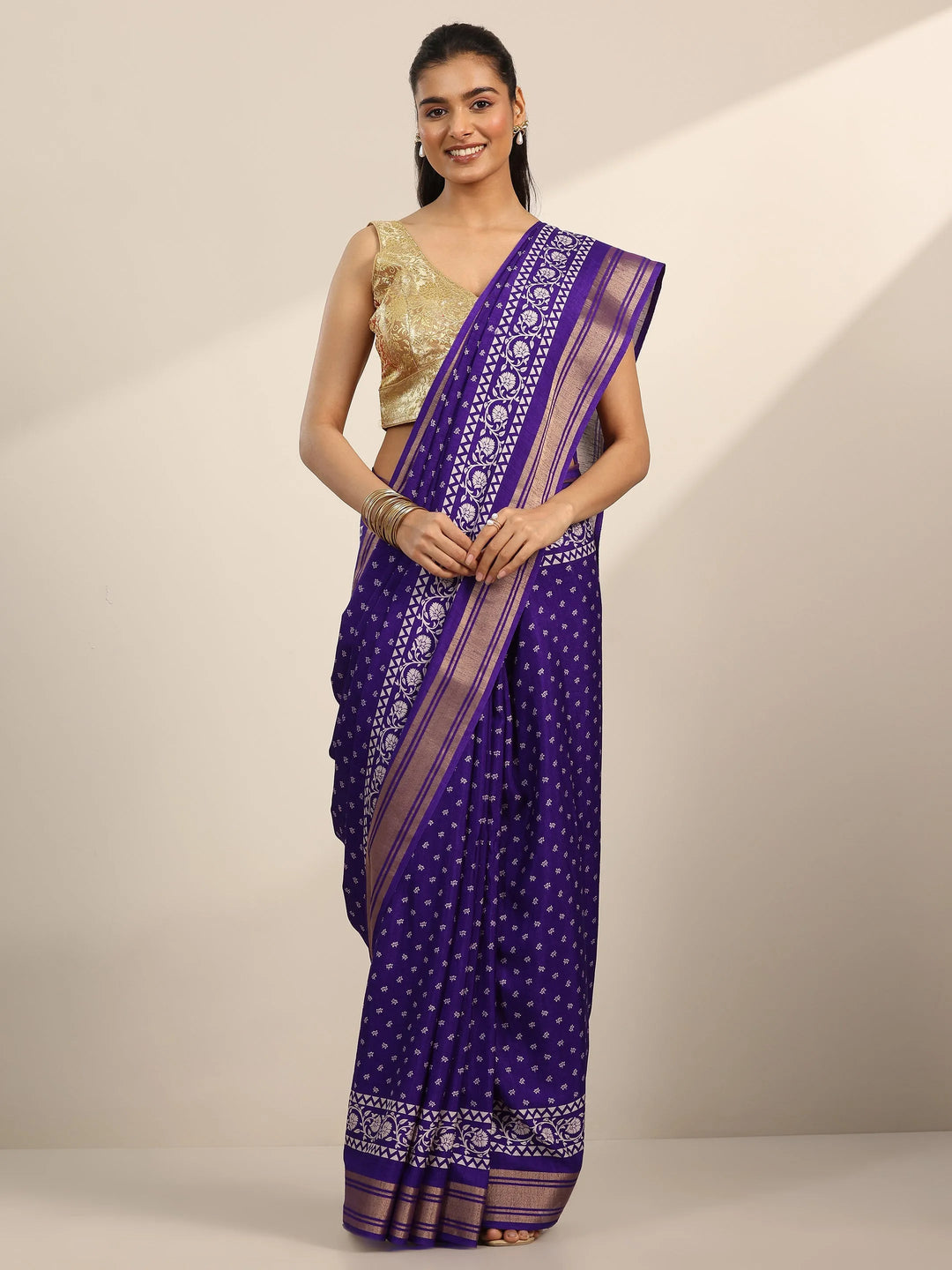  Purple Printed Silk Blend Saree With Unstitched Blouse Piece 